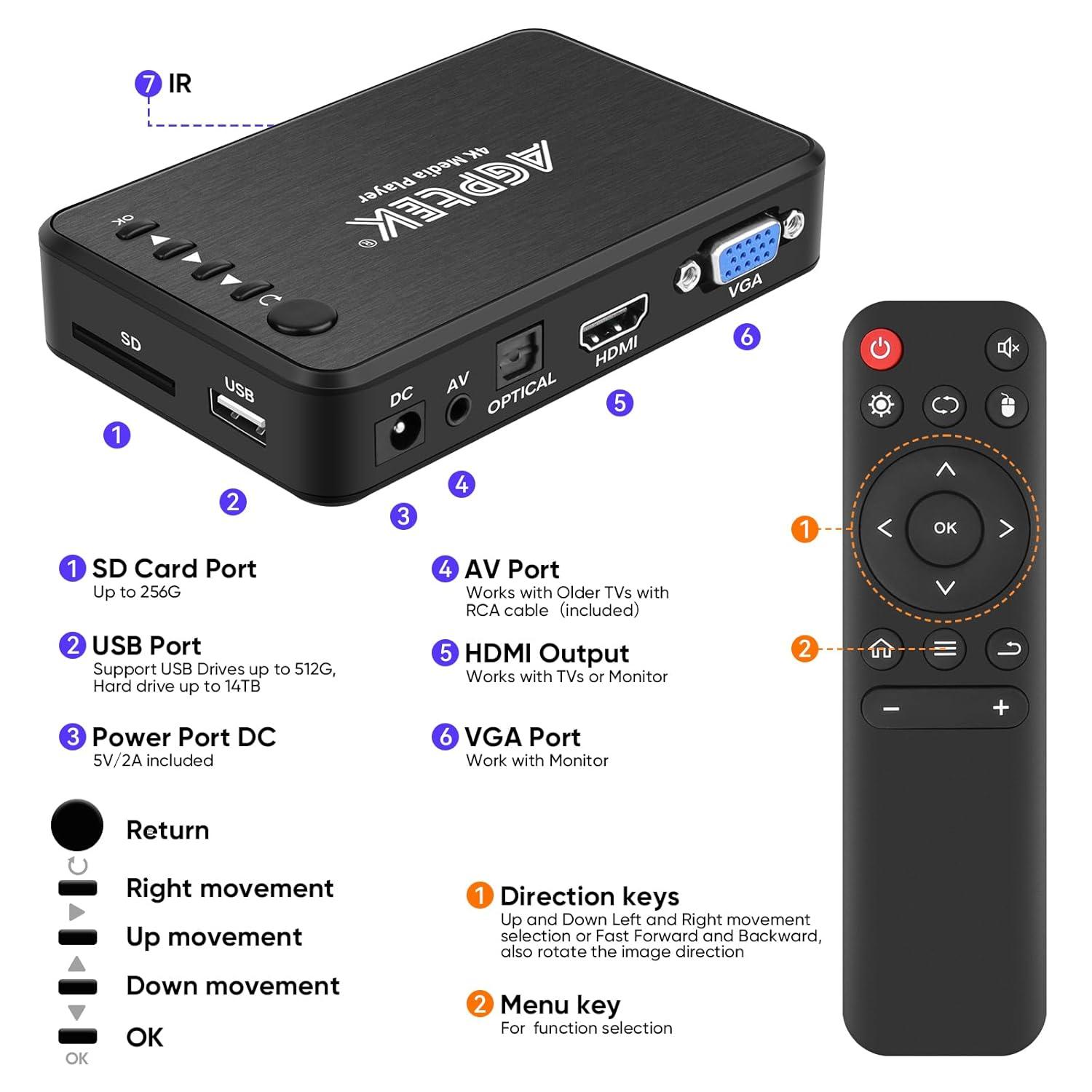 AGPTEK Updated 4K@30hz HDMI TV Media Player with HDMI/AV/VGA Output, Digital MP4 Player for 14TB HDD/ 256G USB Drive/SD Card/H.265 MP4, with Remote Control for MP3 AVI RMVB MPEG etc