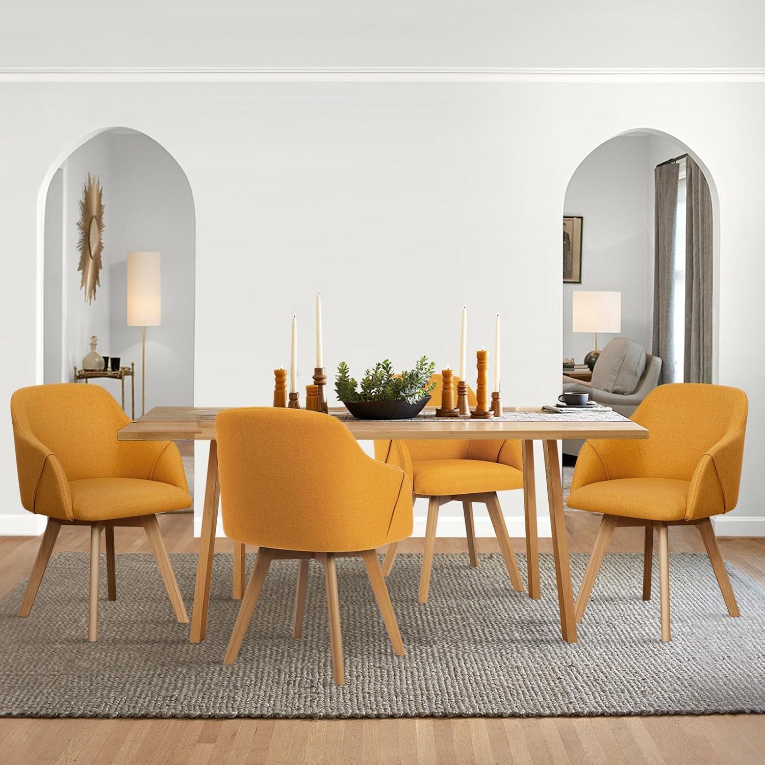 Yellow Linen Upholstered Swivel Dining Chairs with Beech Wood Legs, Set of 2