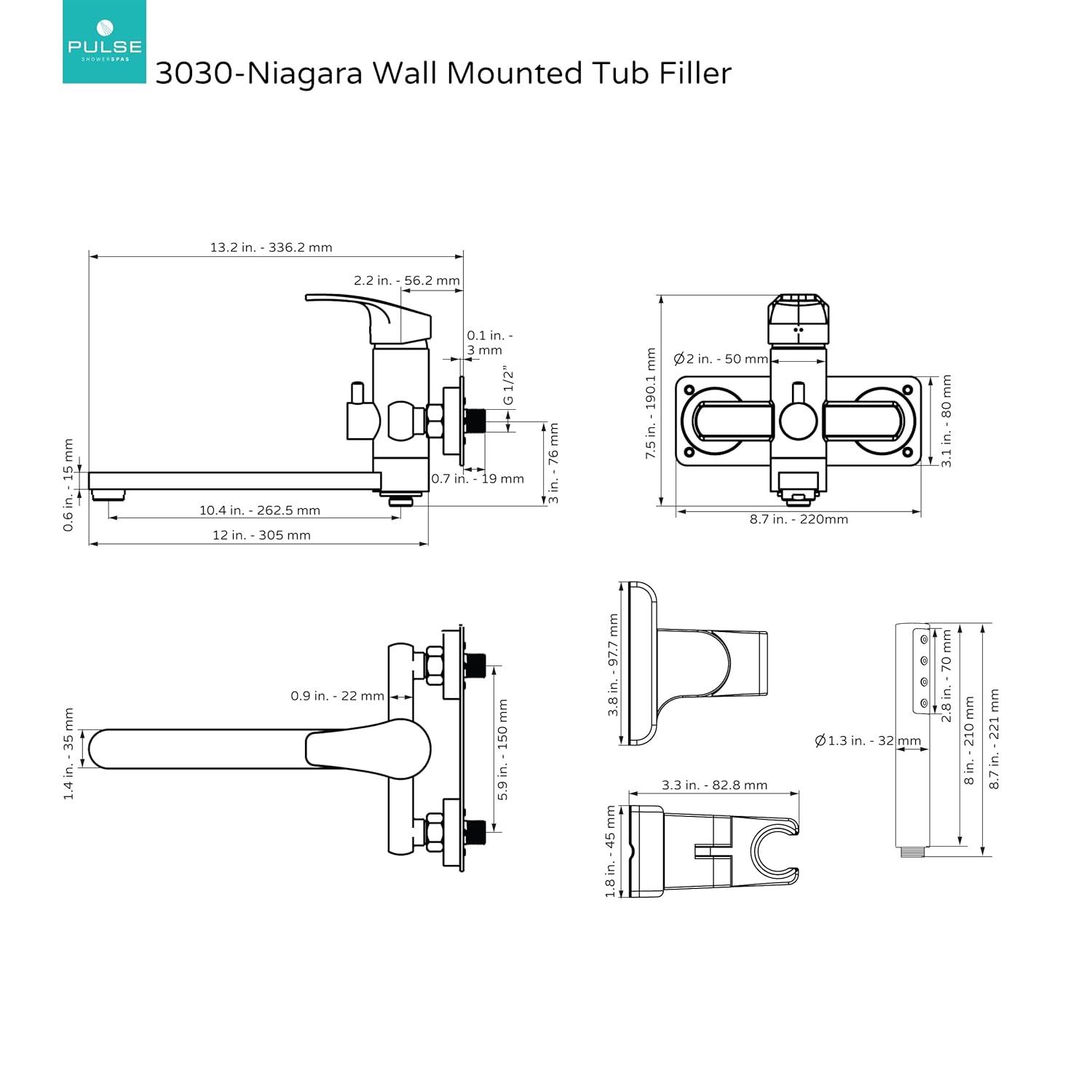 Pulse Showerspas Niagara Highflow Wall Mounted Tub Filler with Pivoting Arm Spout and Handshower 3030-WMTF-BN