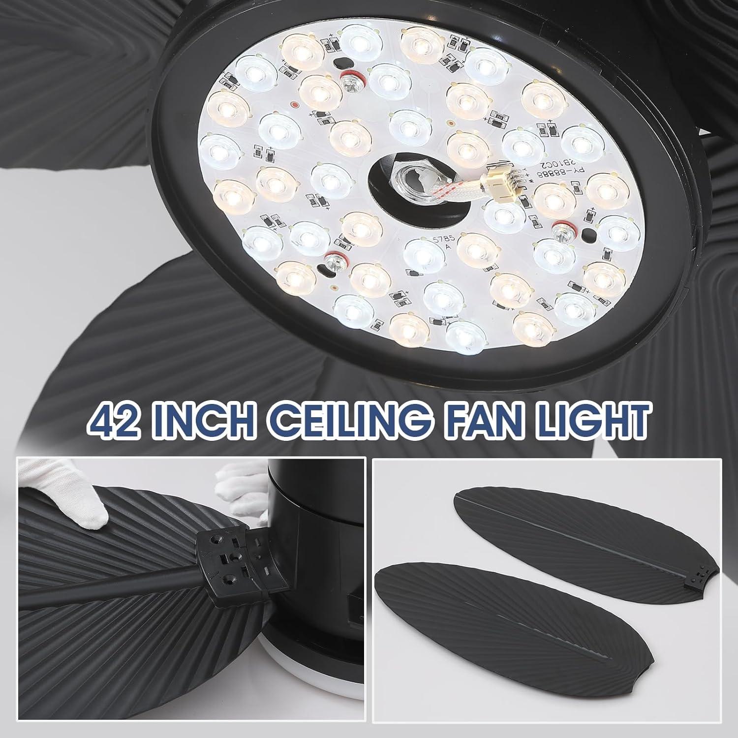 Palm Leaf Ceiling Fans with Lights-42 Tropical Ceiling Fan with Light and Remote/APP Control,Flush Mount Low Profile Black Ceiling Fans for Bedroom,Indoor/Outdoor Patio Use