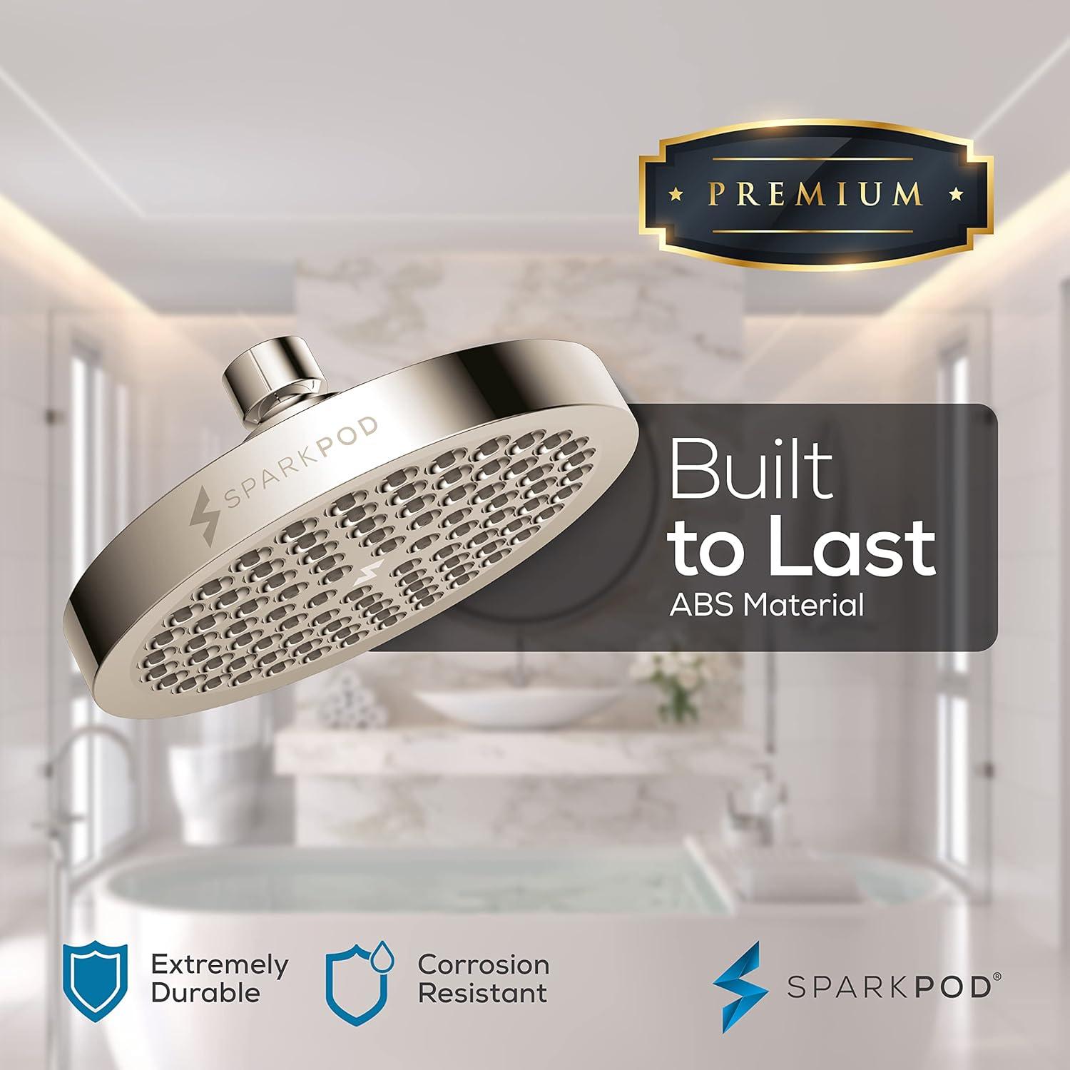 SparkPod 6" Rain Shower Head with 6" Shower Arm - High Pressure Rain - Luxury Modern Look - No Hassle Tool-less 1-Min Installation - Water Saving Shower Head - Luxury Spa Experience (Egyptian Gold)