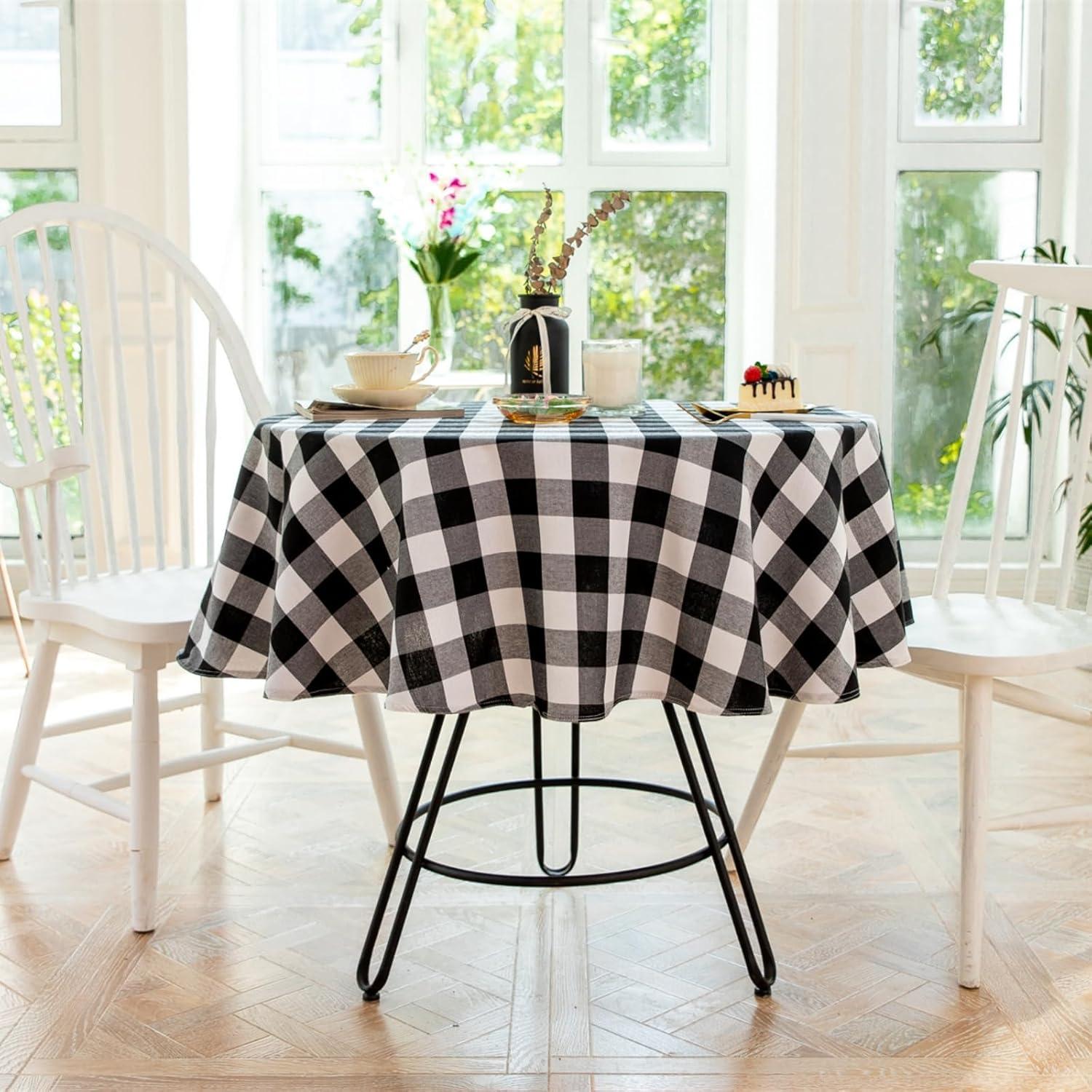 Buffalo Plaid Round Tablecloth Checkered Cotton Linen Table Cover for Kitchen Dining Room Home Decor ( Round - 48 Inch, White & Black )