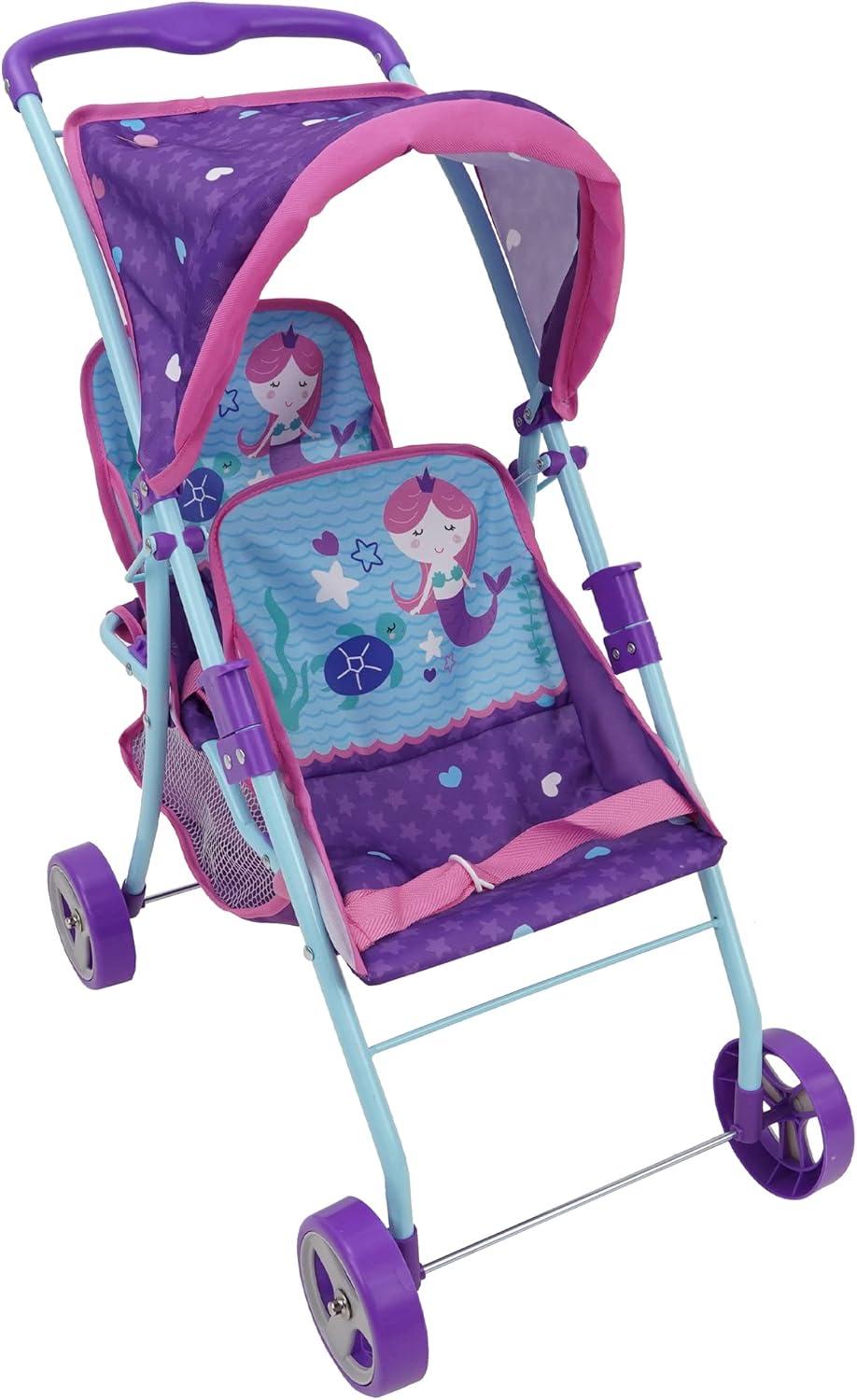 509: Mermaid Twin Doll Stroller W/ Retractable Canopy, 2 Seats