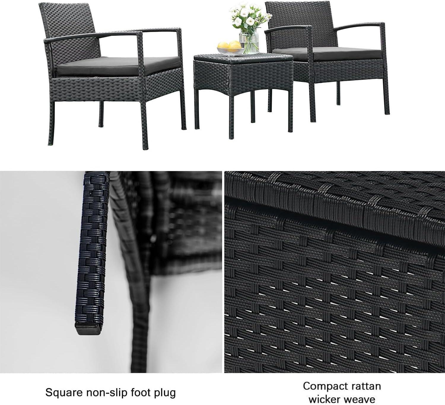 Tappio Outdoor Furniture 3 Piece Patio Bistro Furniture Set, Rattan Conversation Chairs Set with Side Table and Cushions, Patio Furniture Sets for Balcony Garden Porch, Black