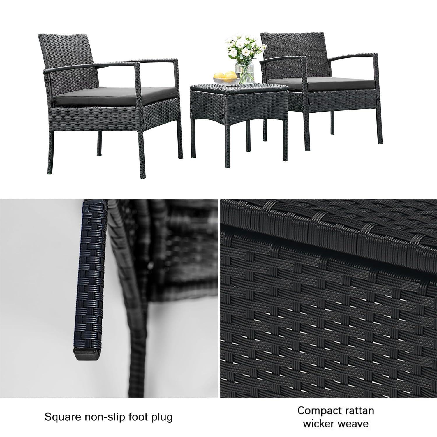 Tappio Outdoor Furniture 3 Piece Patio Bistro Furniture Set, Rattan Conversation Chairs Set with Side Table and Cushions, Patio Furniture Sets for Balcony Garden Porch, Black