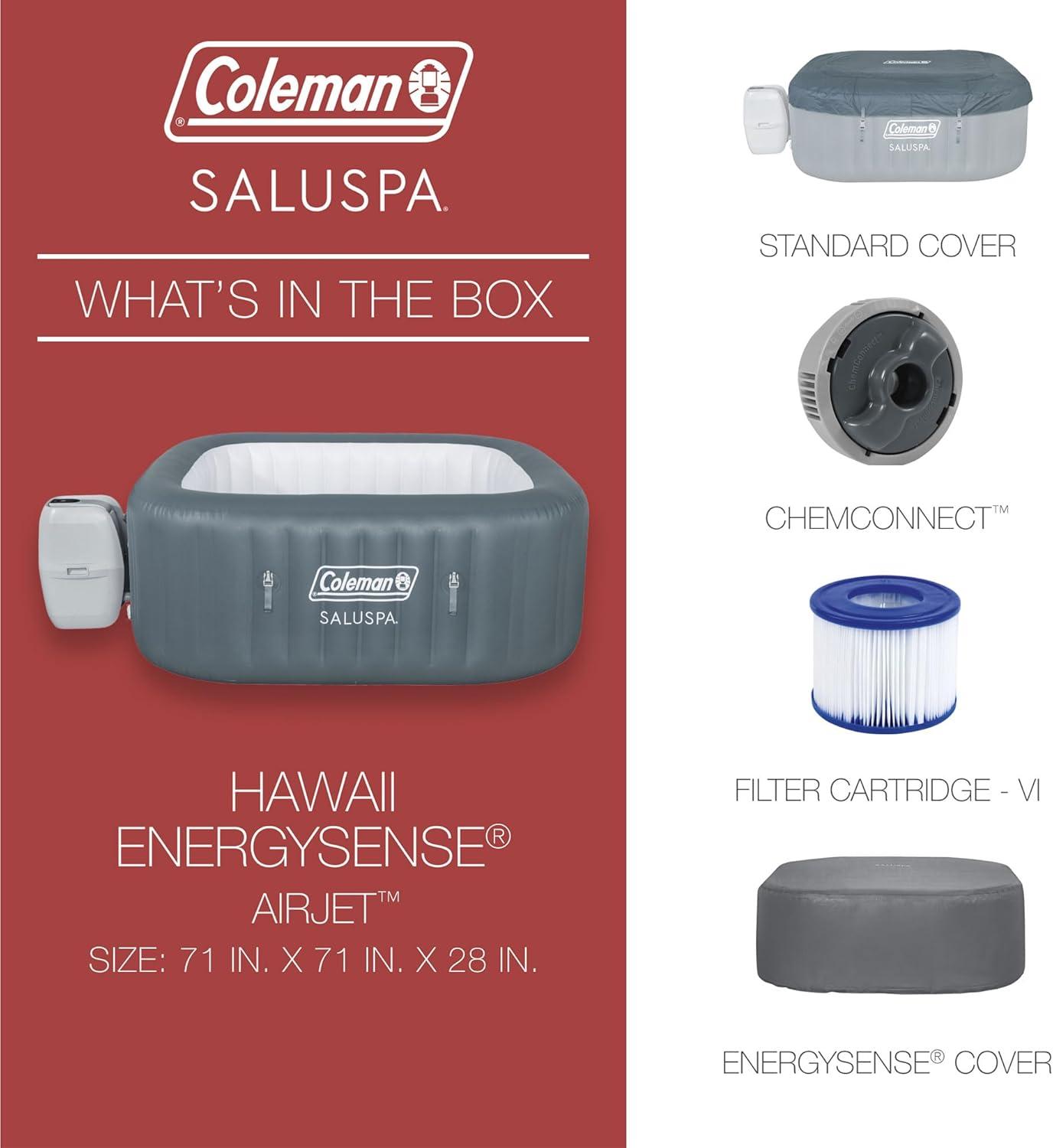 Bestway Coleman Hawaii AirJet Large Square 4 to 6 Person Inflatable Hot Tub Portable Outdoor Spa with 140 AirJets and EnergySense Cover, Grey