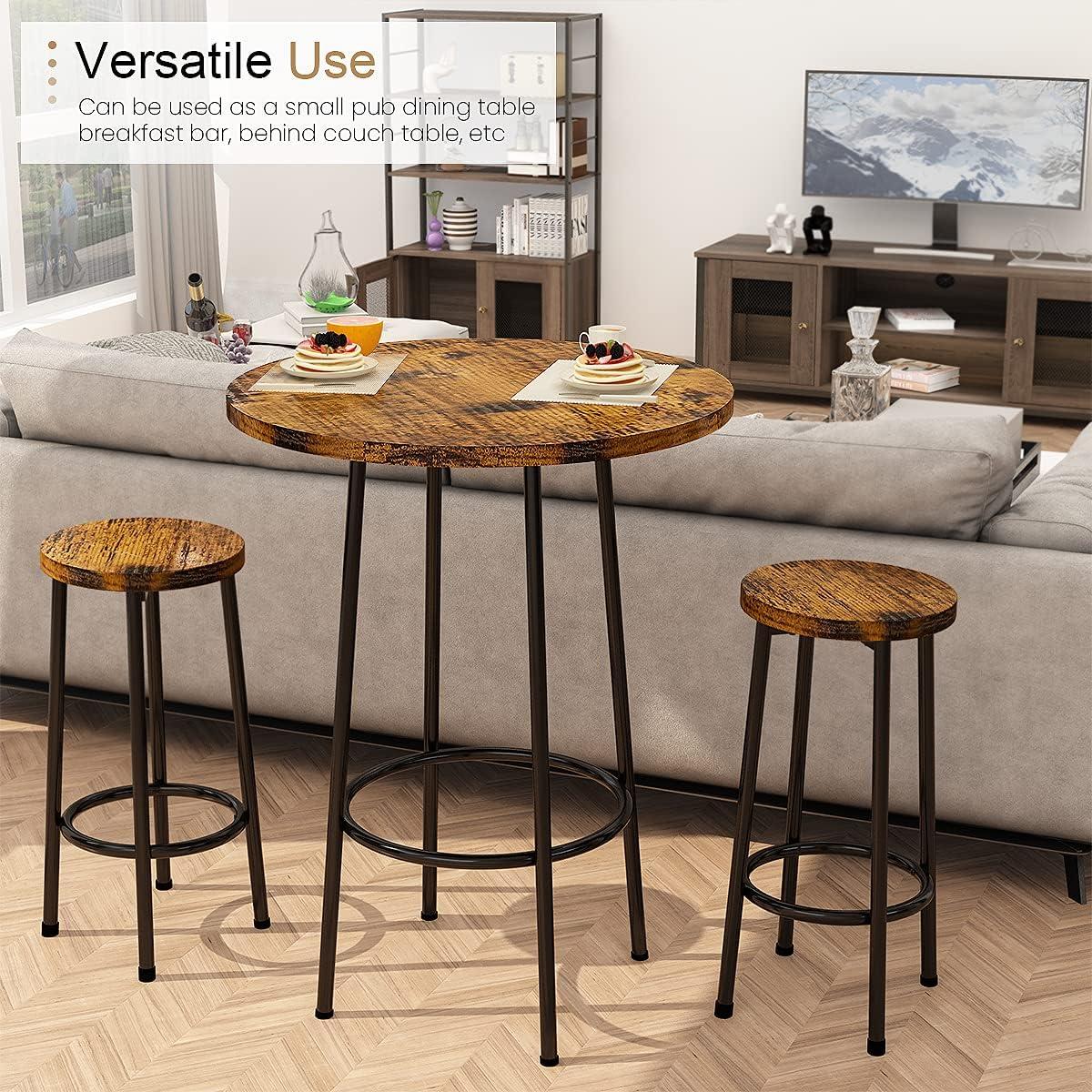Recaceik 3 Piece Pub Dining Set, Modern Round bar Table and Stools for 2 Kitchen Counter Height Wood Top Bistro Easy Assemble for Breakfast Nook Living Room Small Space Restaurant, Rustic Brown