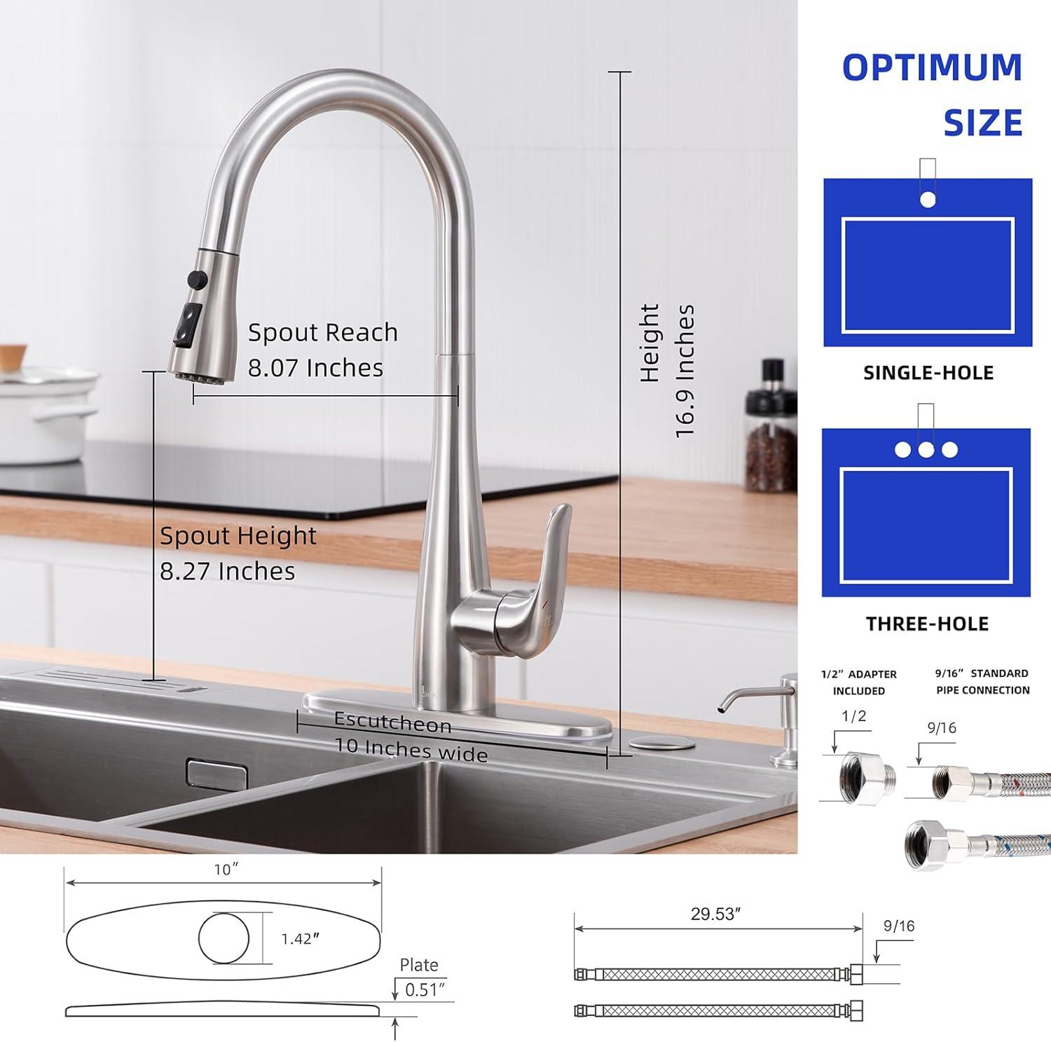 Brushed Nickel Kitchen Faucet with Pull Down Sprayer 1 Hole or 3 Hole Dual Function for Farmhouse Camper Laundry Utility Rv Wet Bar Stainless Steel Single Handle Pull Out Spring Sink Faucets