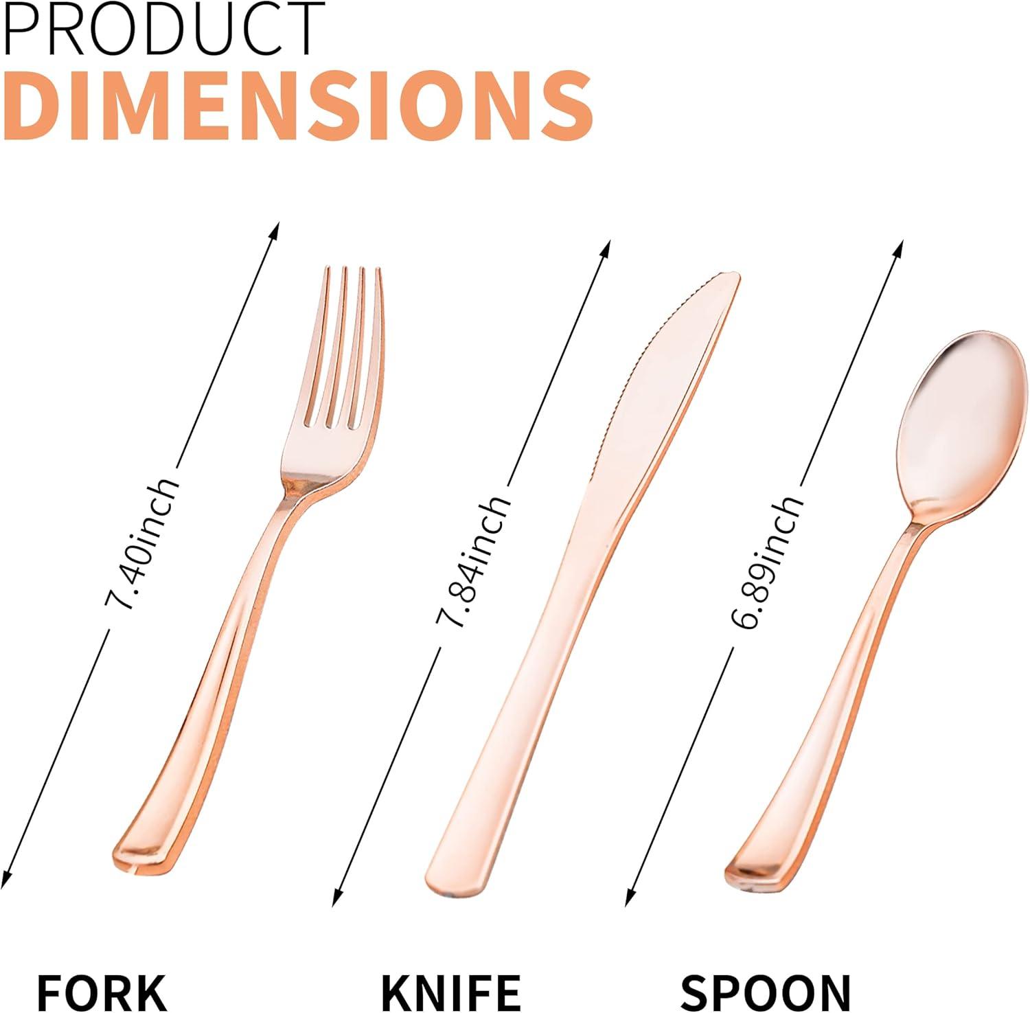 SparkSettings Rose Gold Plastic Silverware, 50 Pre Rolled Napkin and Cutlery Set