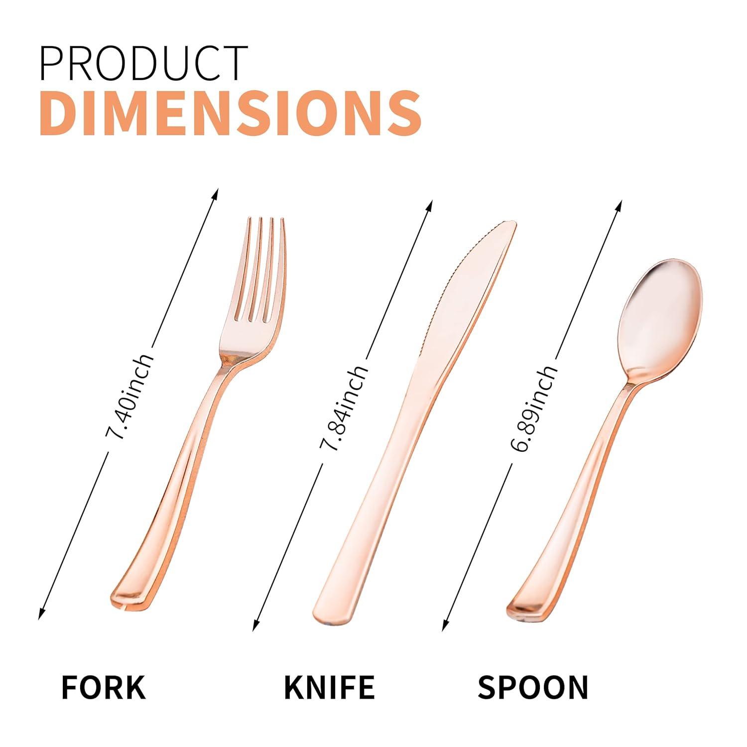 SparkSettings Rose Gold Plastic Silverware, 50 Pre Rolled Napkin and Cutlery Set