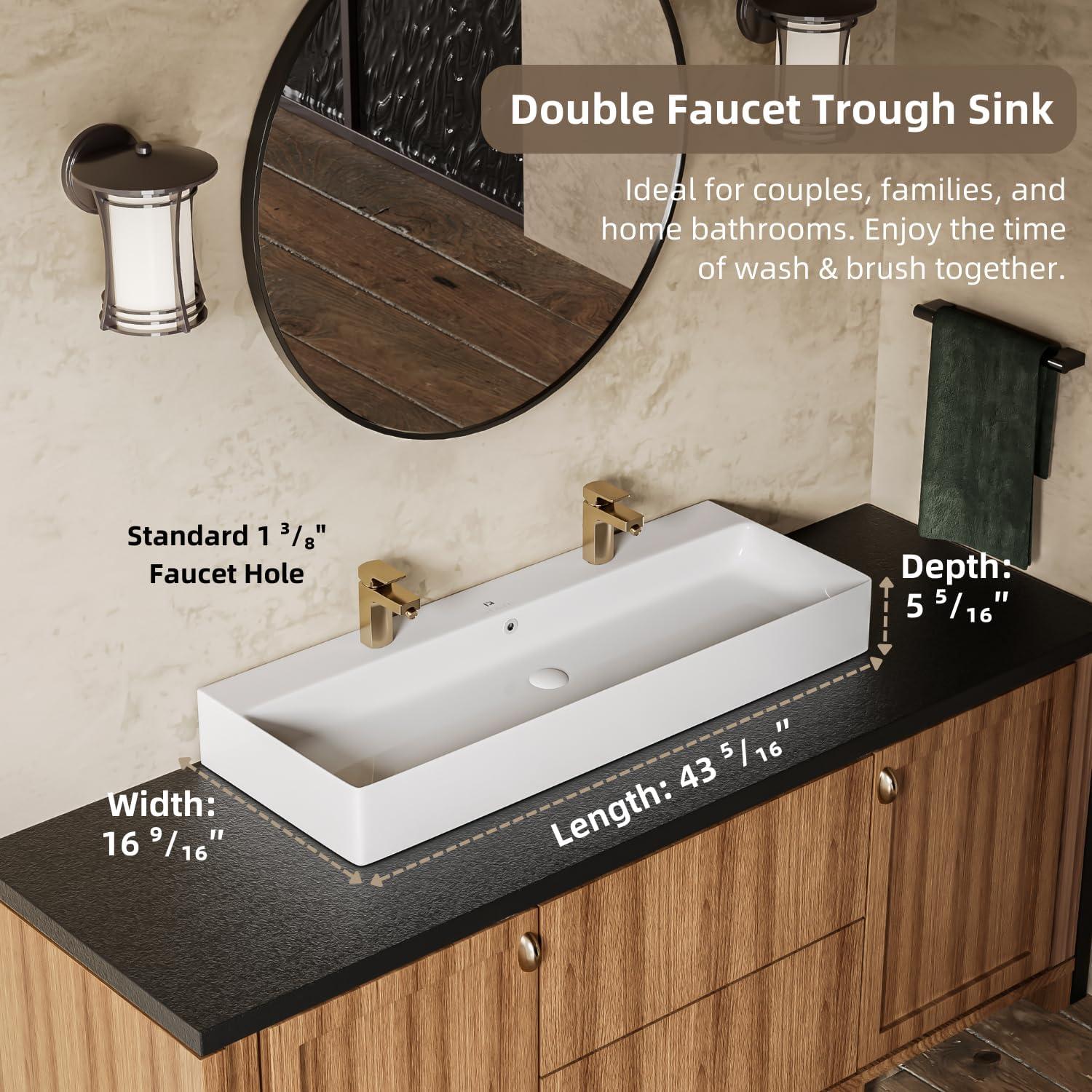 Los Flexi 43" x 16" Extra Large Trough Sink, Dual Faucet Holes, Wall-Mount Install, Pop-Up Drain