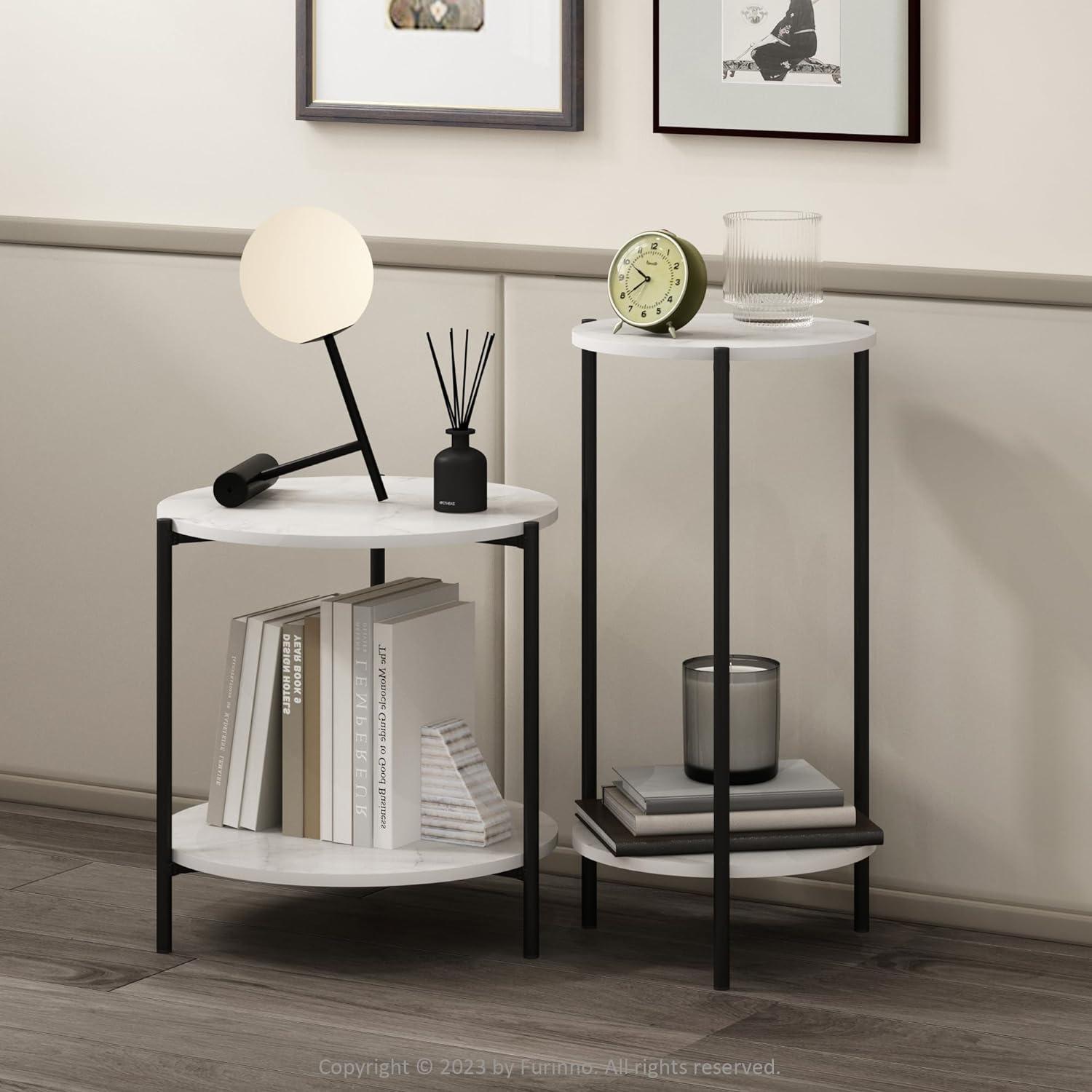 Compact Round White Wood and Metal Side Table