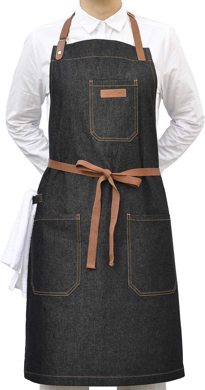 Apron with Pockets, Mens Womens Chef Bib Apron for Kitchen Cooking Grill BBQ Baking Server with Towel Loop