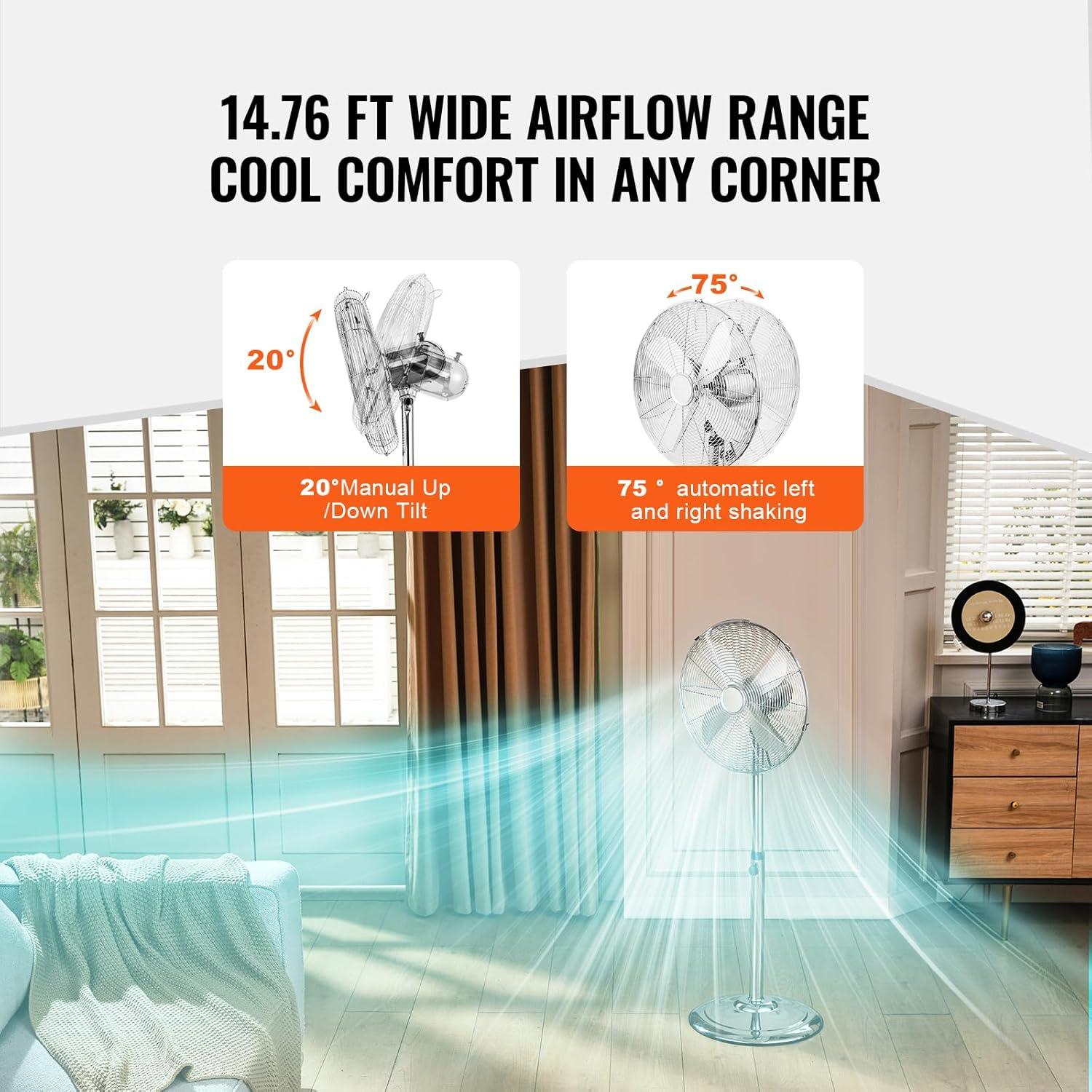 Vevor GYLSFS16INCH0LFIYV1 16 in. 3-Speed Industrial Pedestal Fan Oscillating Height Adjustable - Silver