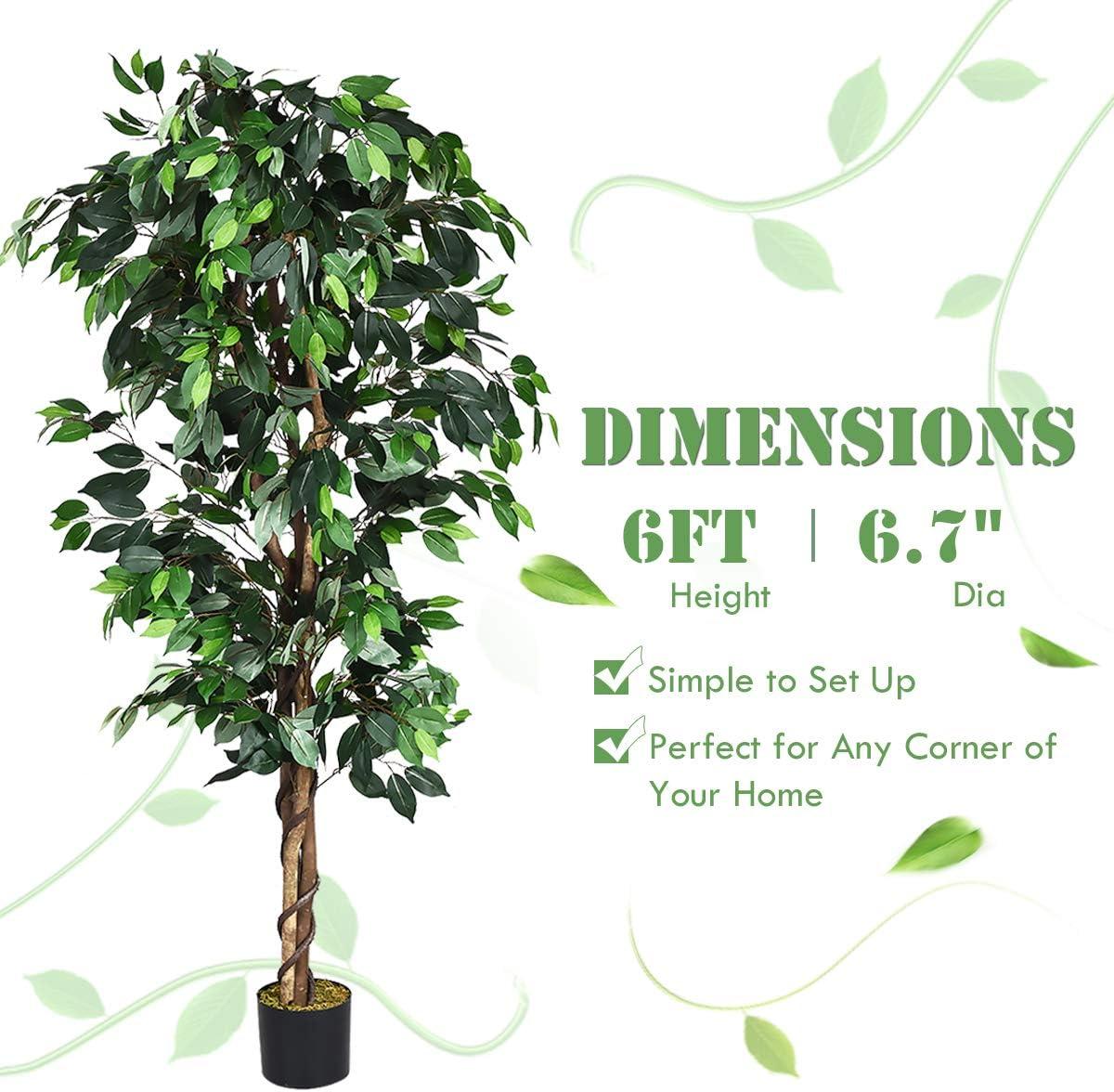 Costway 4 Feet/6 Feet Artificial Ficus Silk Tree Wood Trunks Green In/Outdoor Home Decor