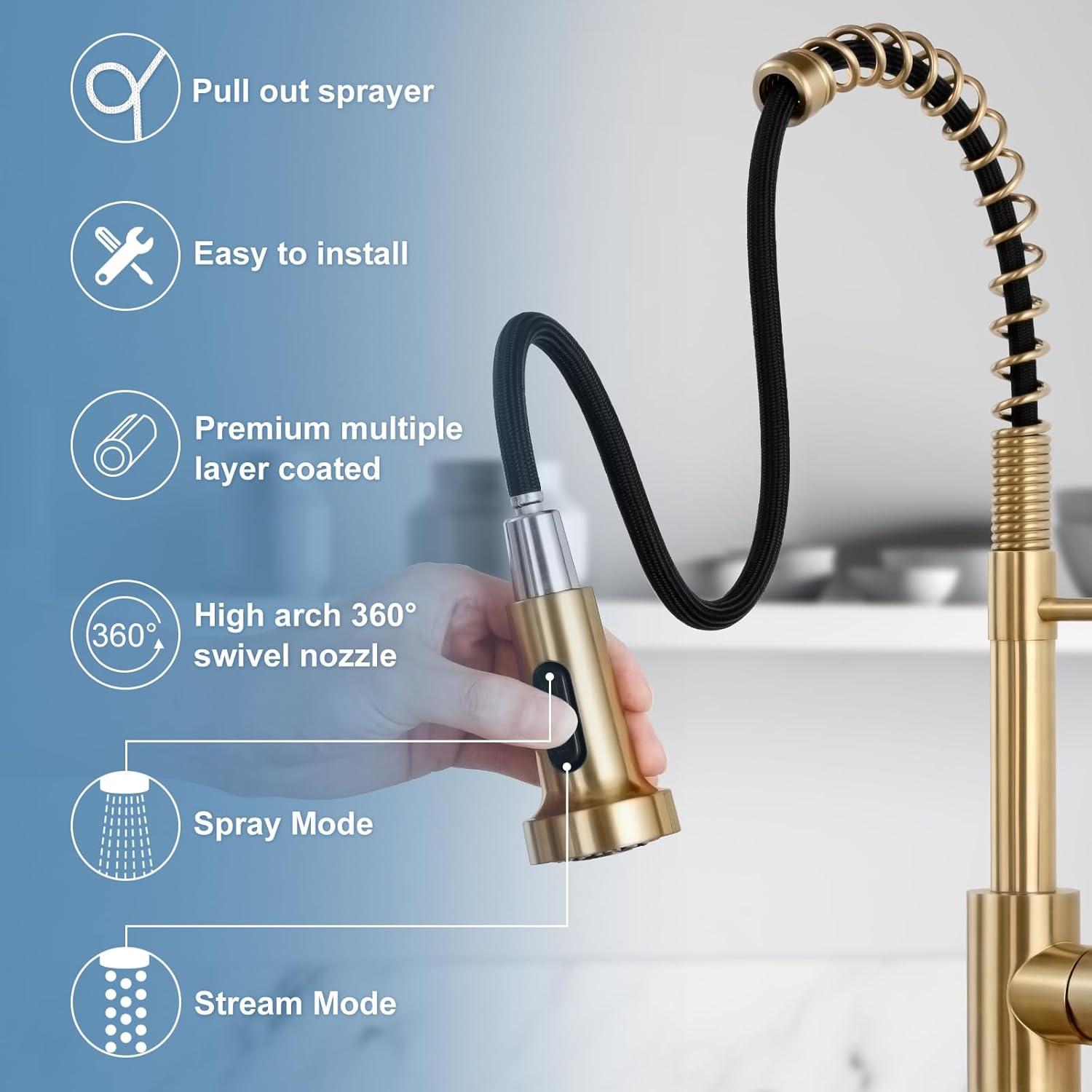 Brushed Gold Stainless Steel Pull Down Kitchen Faucet with Deck Plate