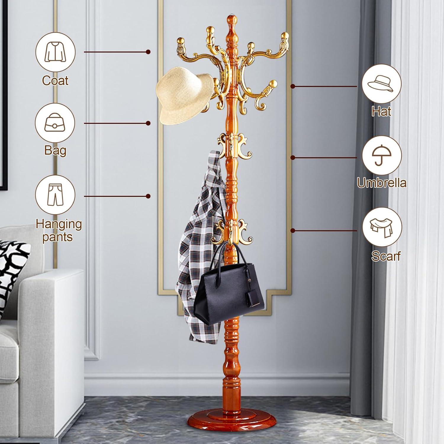 Red Barrel Studio® Wood Coat Rack Stand, Wooden Coat Rack Freestanding With Sturdy Round Base, Coat Racks With 14 Hooks, Natural Birch Wood Entryway Coat Tree Hanger Stand Easy To Assemble