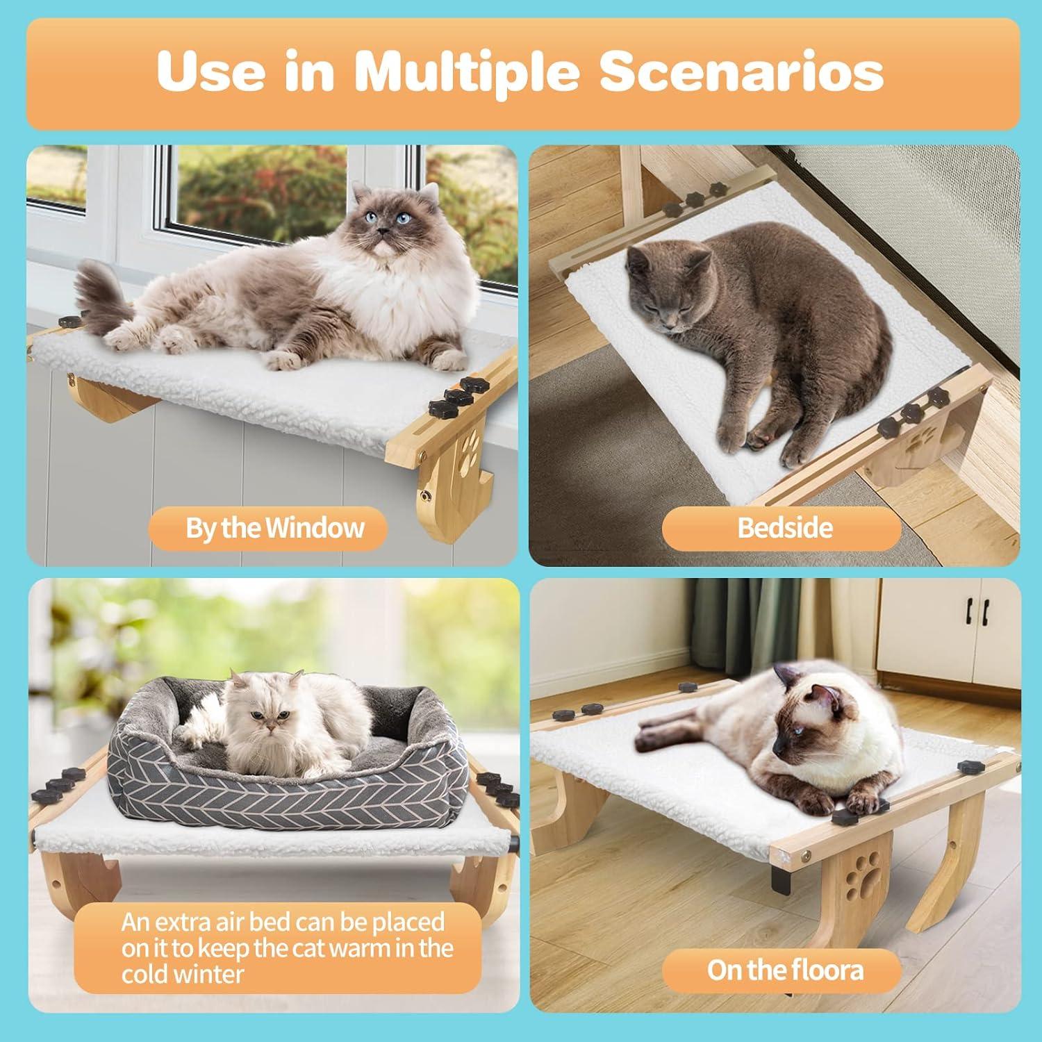 Window Perch Sturdy Cat Hammock With Wood and Metal Frame - No Drilling Required - Multiple Uses - Bed for Windowsill, Floor, Bedside or Cabinet - Suitable for Large Cats (L-White Plush)