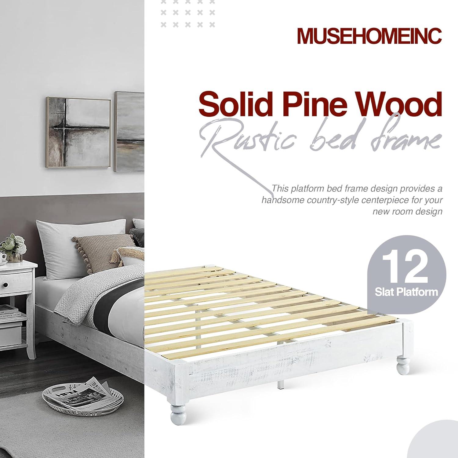 Queen White Washed Pine Wood Platform Bed with Slats