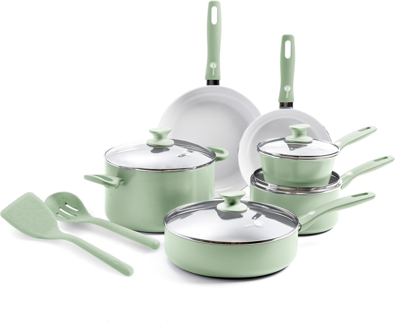 Pastel Green 12-Piece Nonstick Aluminum Cookware Set with Glass Lids