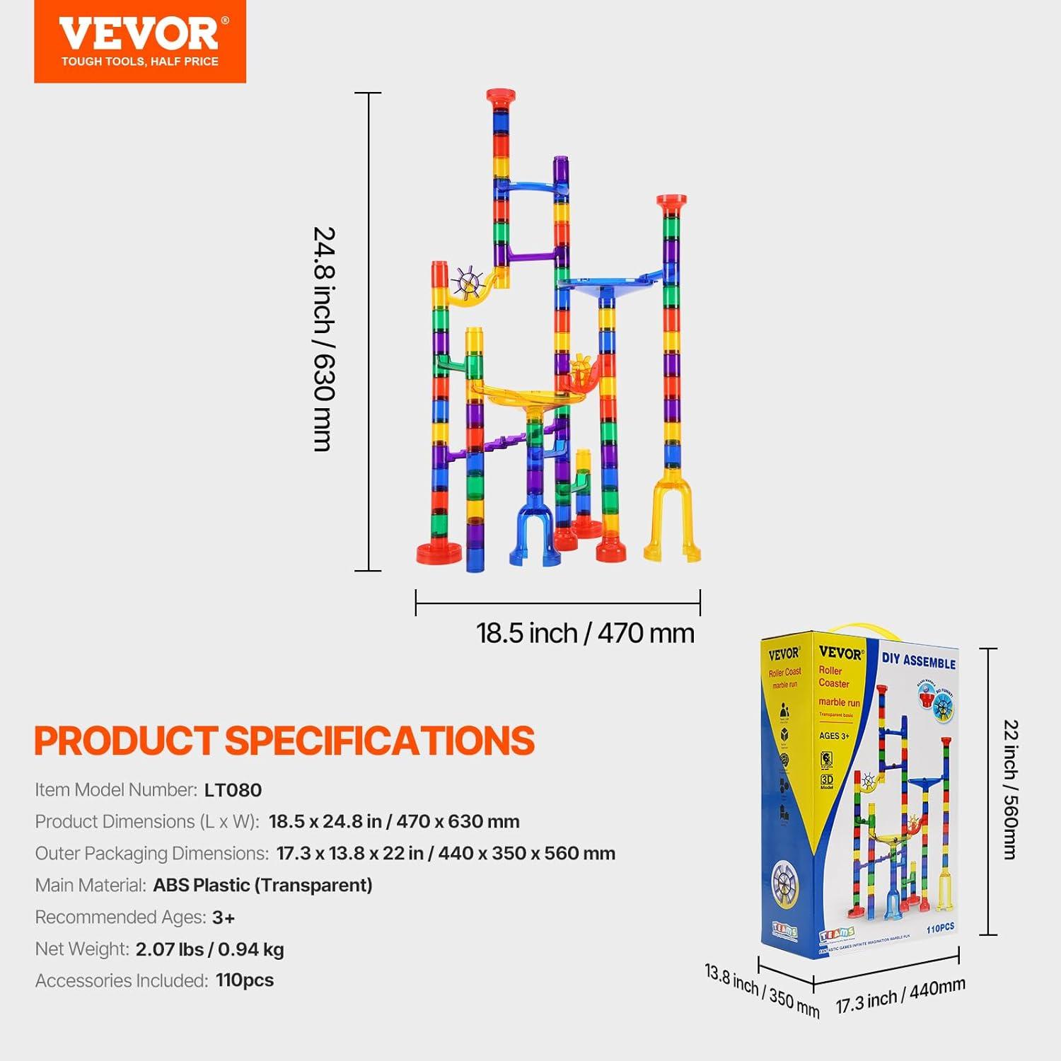 VEVOR Marble Run Set, 110 Piece Marble Maze Building Block Brain Game, with 10 Glow in the Dark Marbles + 20 Glass Marbles