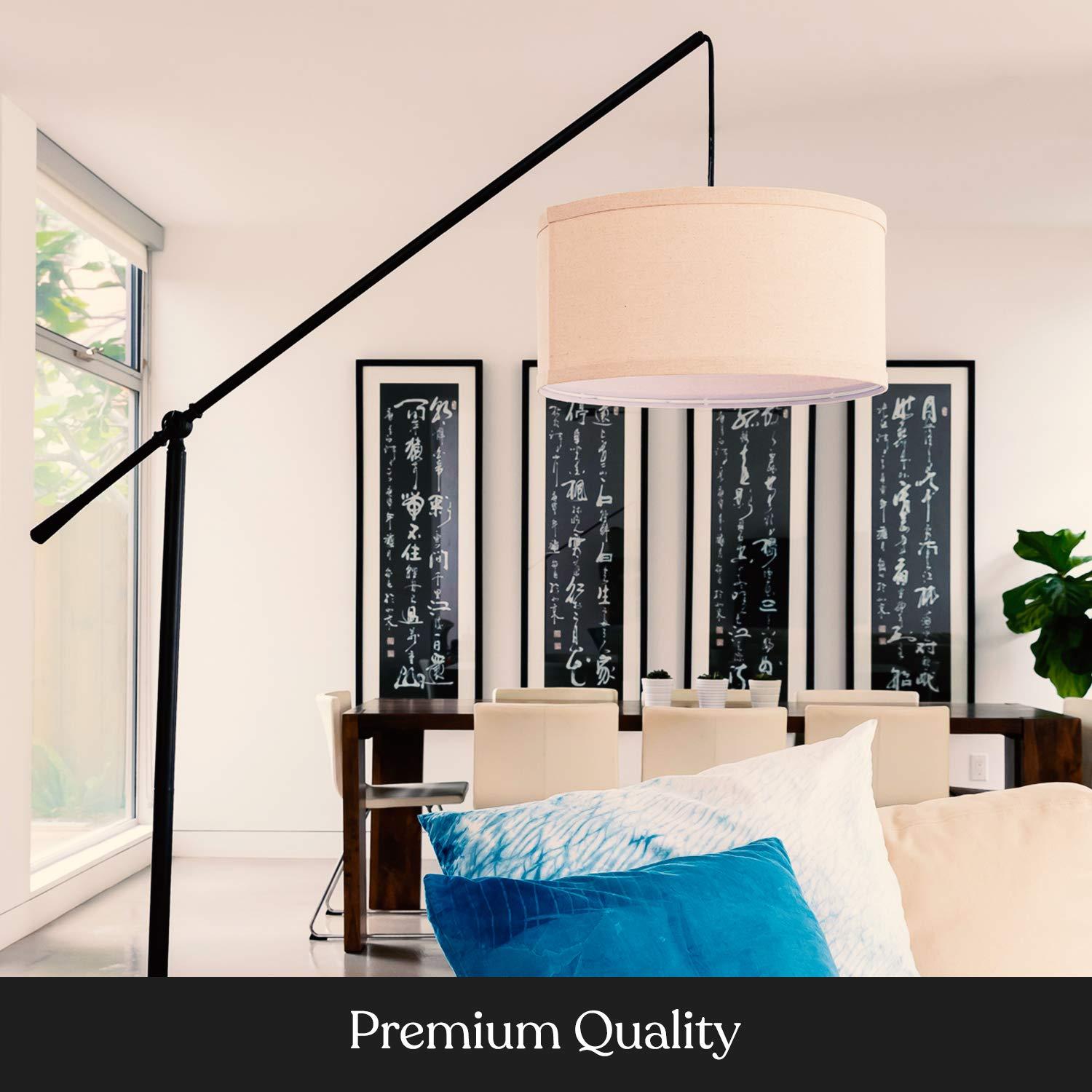 Brightech Hudson 70" Modern LED Floor Lamp with Adjustable Height, Black Finish, and Beige Fabric Drum Shade, Bulb Included