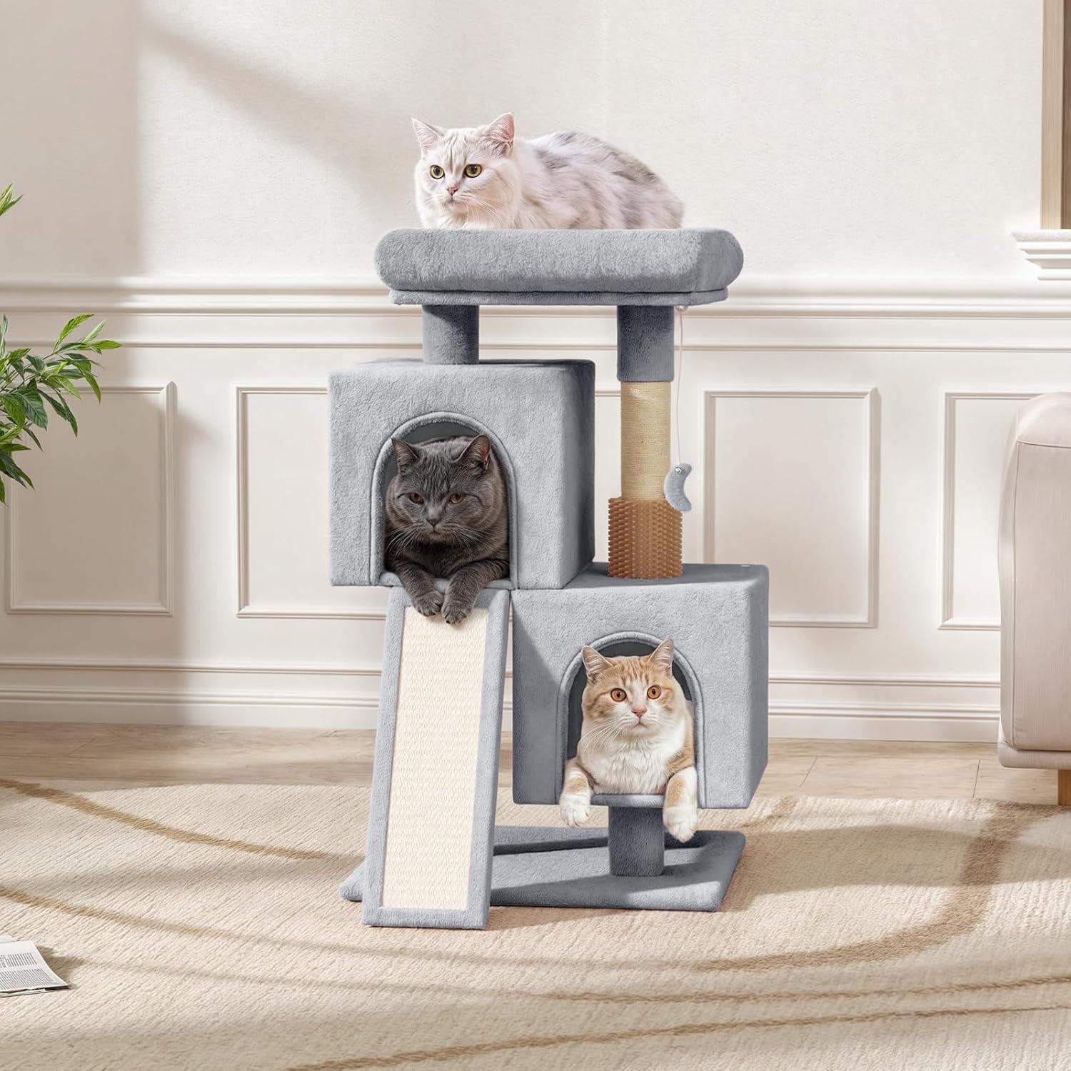 Magshion 34-in Cat Tree & Kittens Play House, Double Level Plush Cat Condo for Indoor Cats, Light Gray
