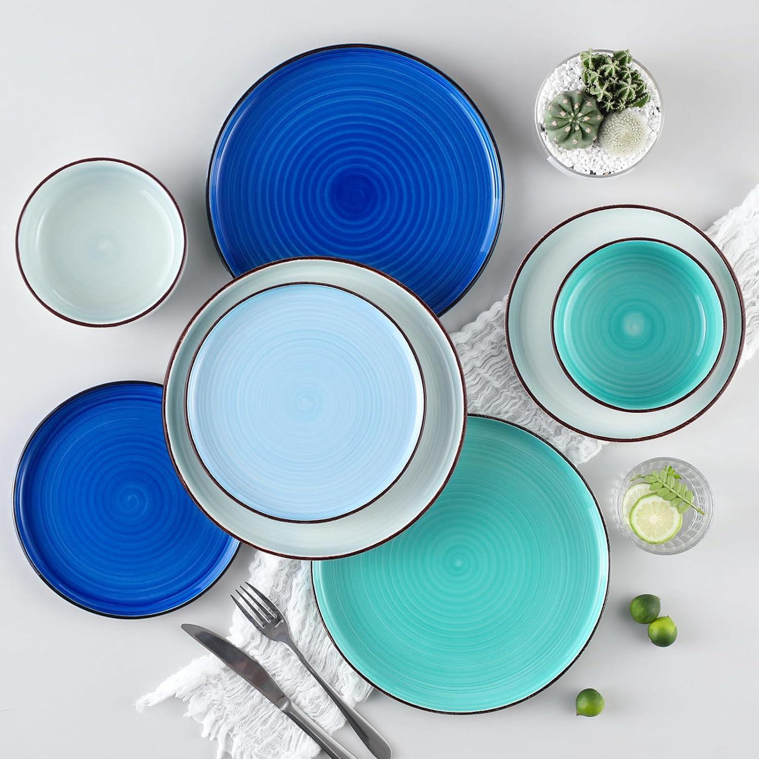 Bonita Blue Dinnerware Sets, Plates and Bowls Set for 4, 12 Pieces Stoneware Dinnerware Set, Dishwasher and Microwave Safe