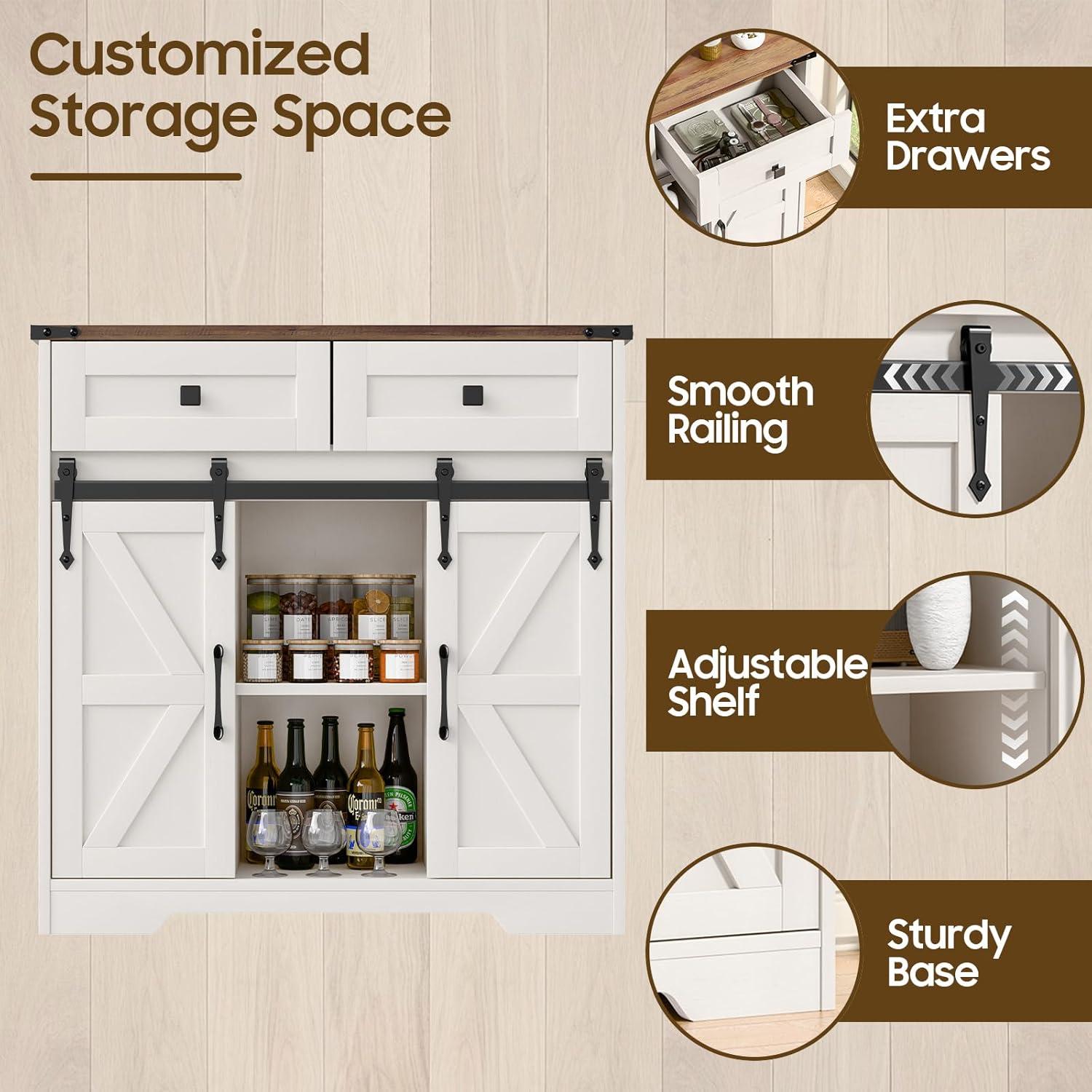 Farmhouse Storage Cabinet, Bathroom Cabinet with Sliding Barn Doors, Floor Storage Cabinet with Adjustable Shelves and 4 Drawers for Kitchen, Living Room, Dining Room, Modern White