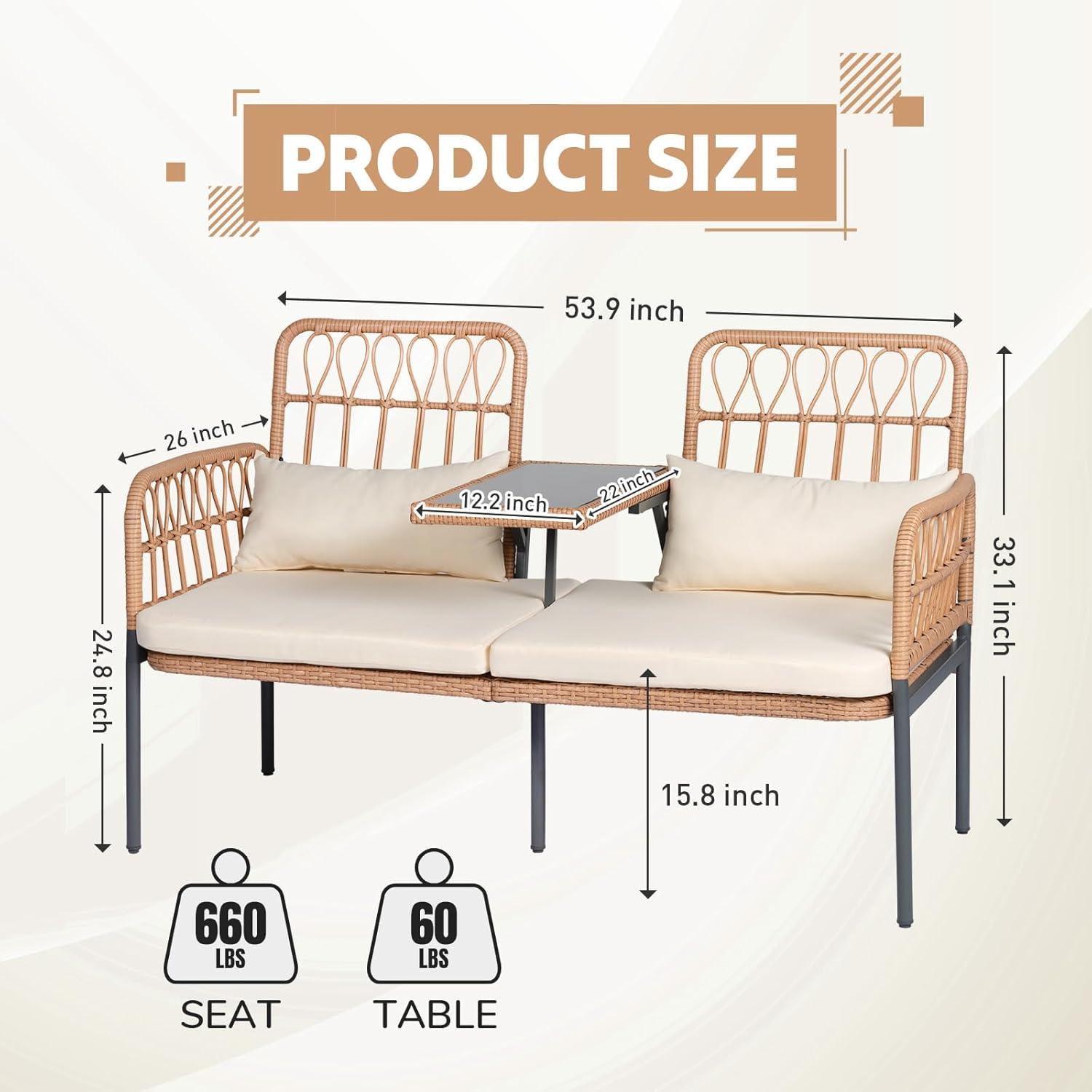 Outdoor Loveseat 2 Pieces Patio Furniture Set, Porch Furniture Wicker Large Loveseats, Patio Conversation Sets with Cushions & Lumbar Pillows and Built-in Table
