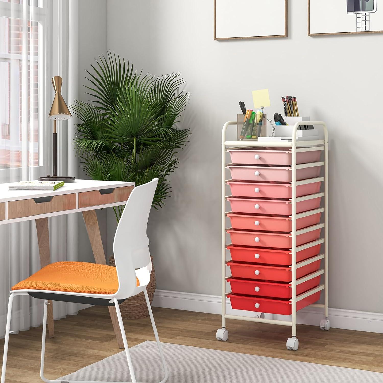 Giantex 10-Drawer Storage Cart w/Universal Wheel, Rolling Cart w/Handle, Home Organizer Storage Unit w/Removable Drawers, Trolley Utility Cart for Kitchen Makeup Living Room Office Play Room