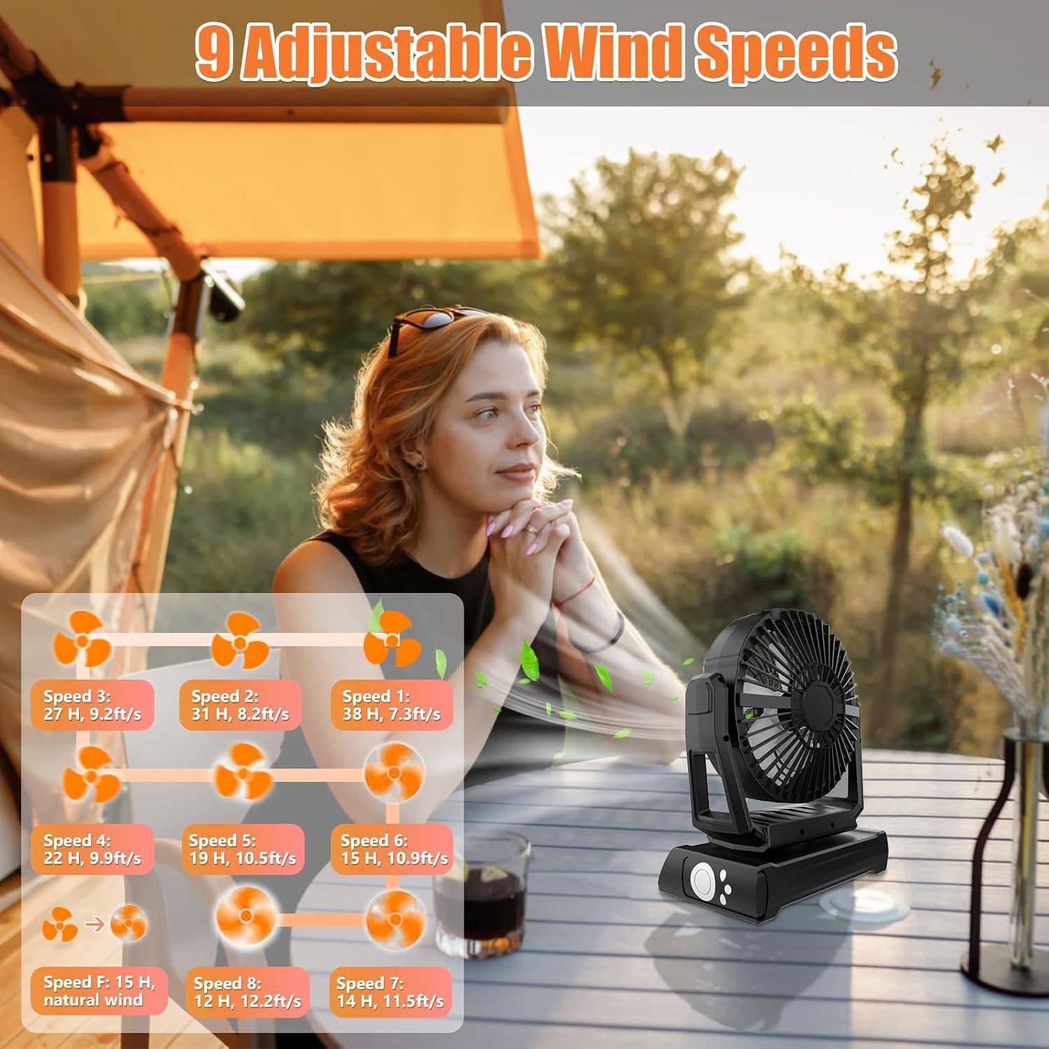 ayamaya Camping Fan, 20000mAh Rechargeable Tent Fan with Light, Remote, 9 Speeds Battery Powered Fans with Digital Display, Timer, Auto Oscillation & Hook for Camping, Outdoors