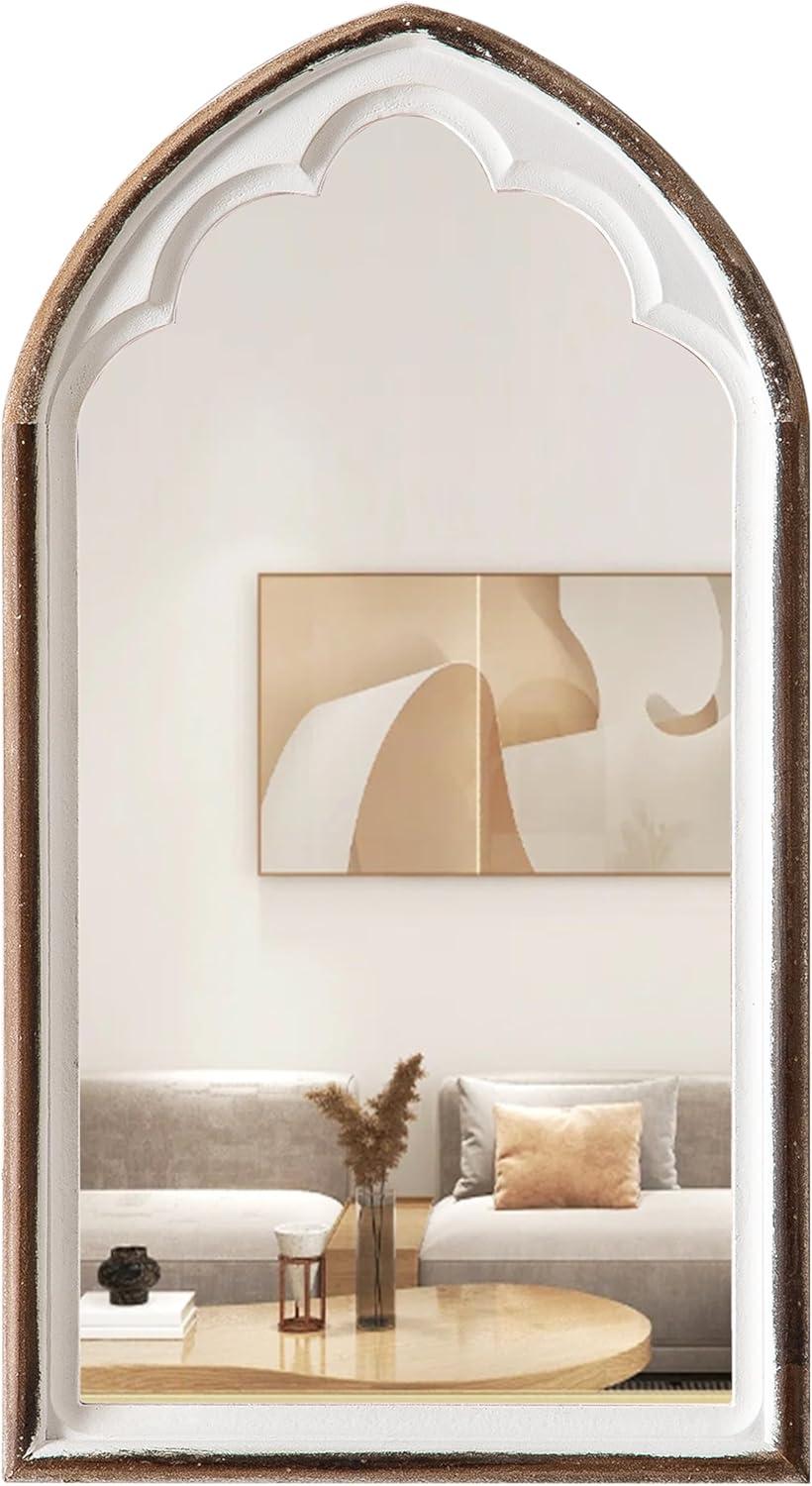 Distressed White Arched Wood Frame Wall Mirror 24"