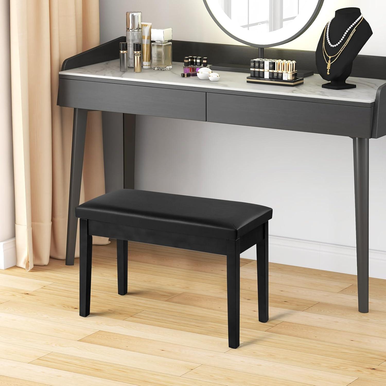 Tangkula PU Leather Piano Bench Solid Wood Padded Double Duet Keyboard Seat w/ Storage Box Black