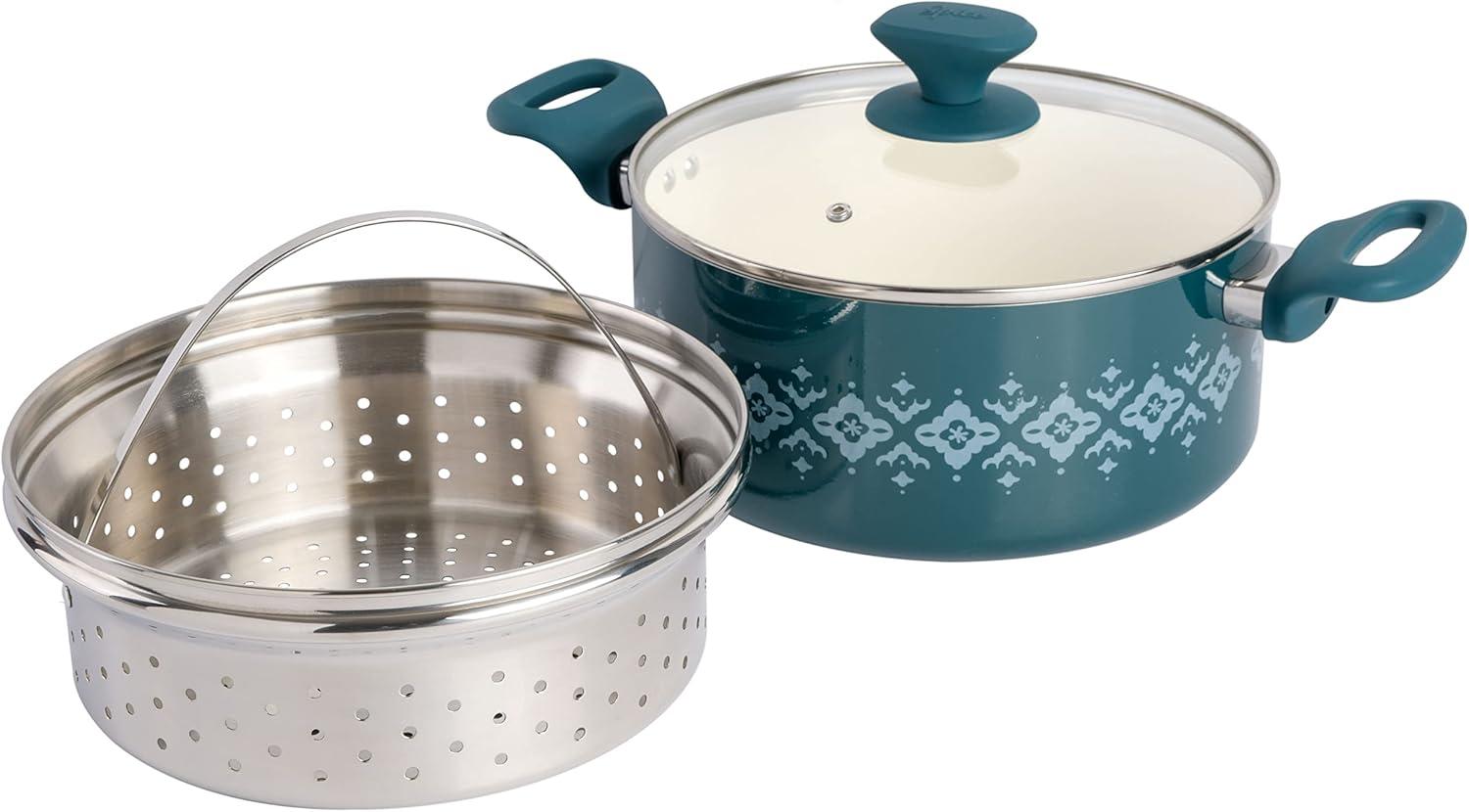 Spice By Tia Mowry Savory Saffron Nonstick Ceramic Dutch Oven With Stainless Steel Steamer, 5-Quart, Charcoal, Enamel Exterior, Stay-Cool Handles