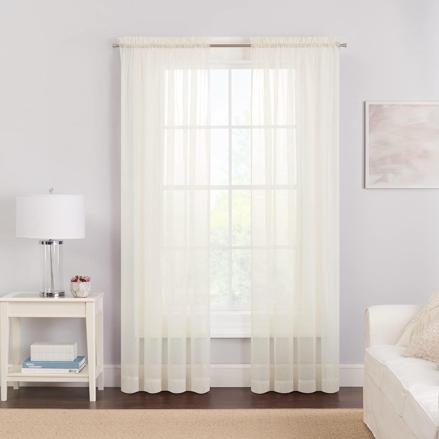 Ivory Sheer Cotton Polyester Rod Pocket Window Drapes, 59 x 84 in