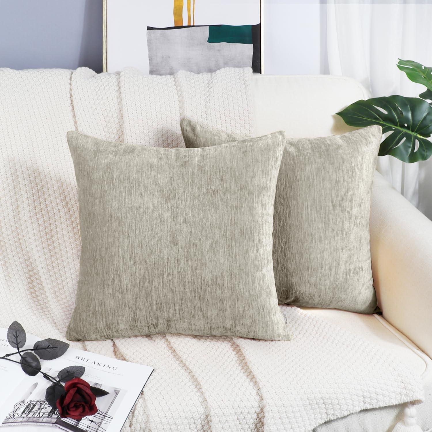 Taupe Chenille 18x18 Square Throw Pillow Covers, Set of 2