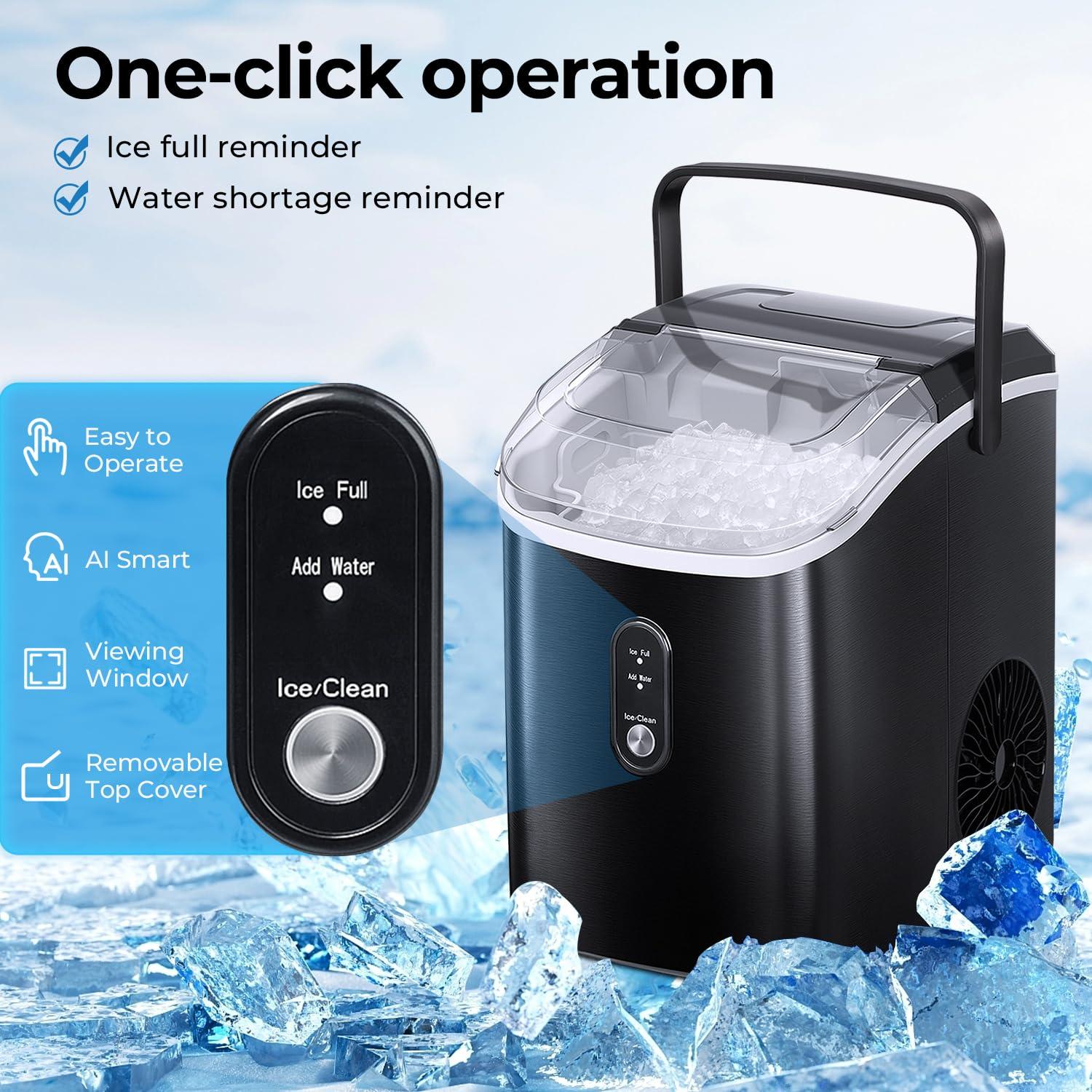 Compact Black Stainless Steel Nugget Ice Maker with Scoop