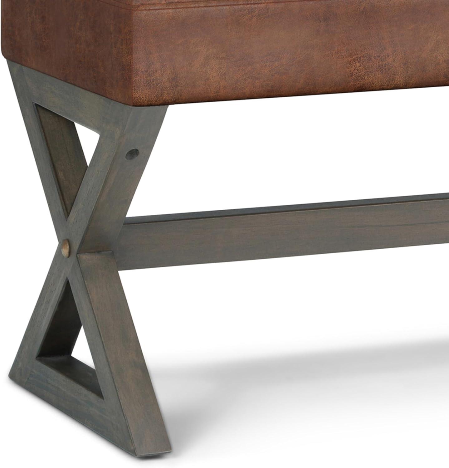Simpli Home Salinger 48"W Large Ottoman Bench in Distressed Vegan Leather with Solid Wood Frame
