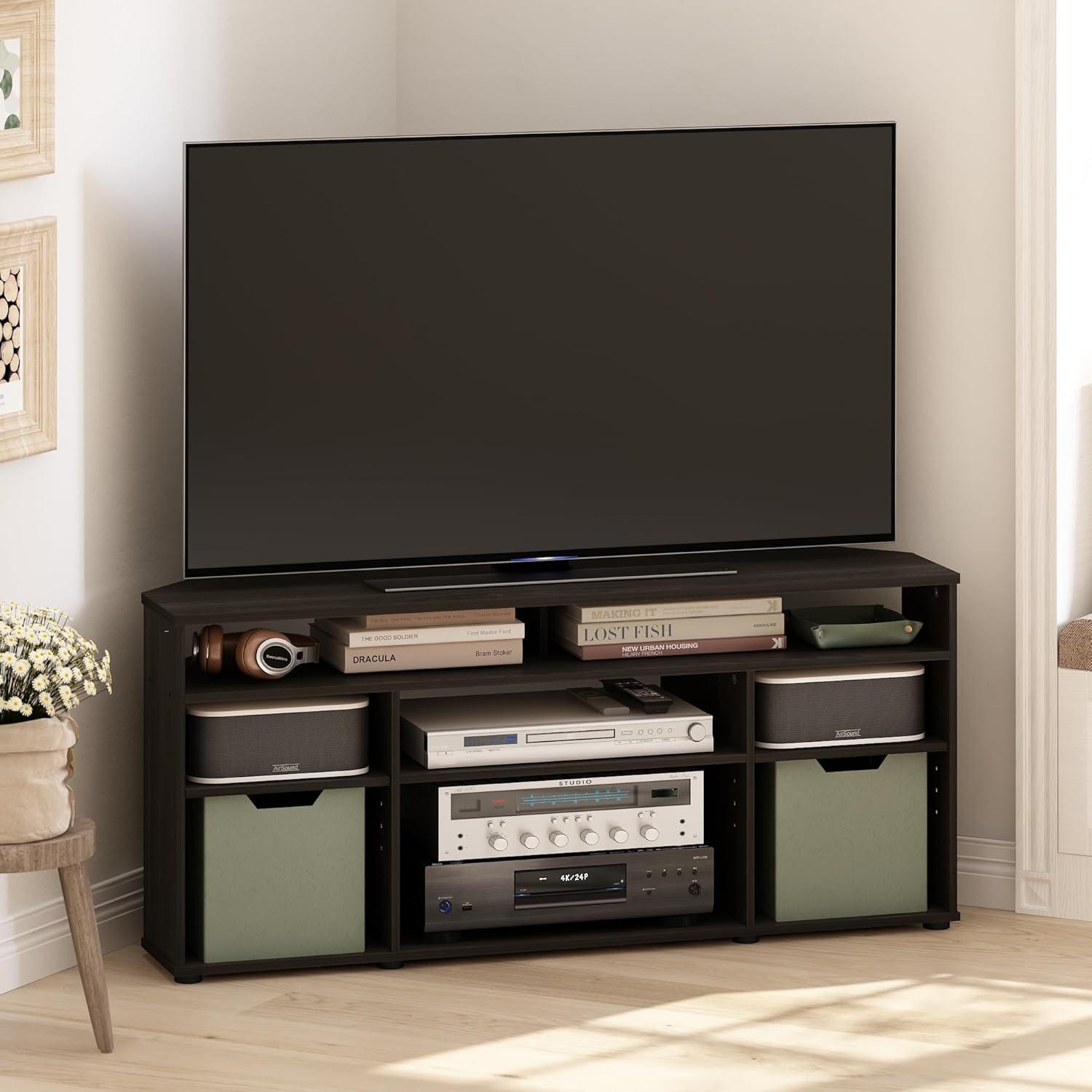 Espresso Composite Wood Corner TV Stand with Multiple Shelves