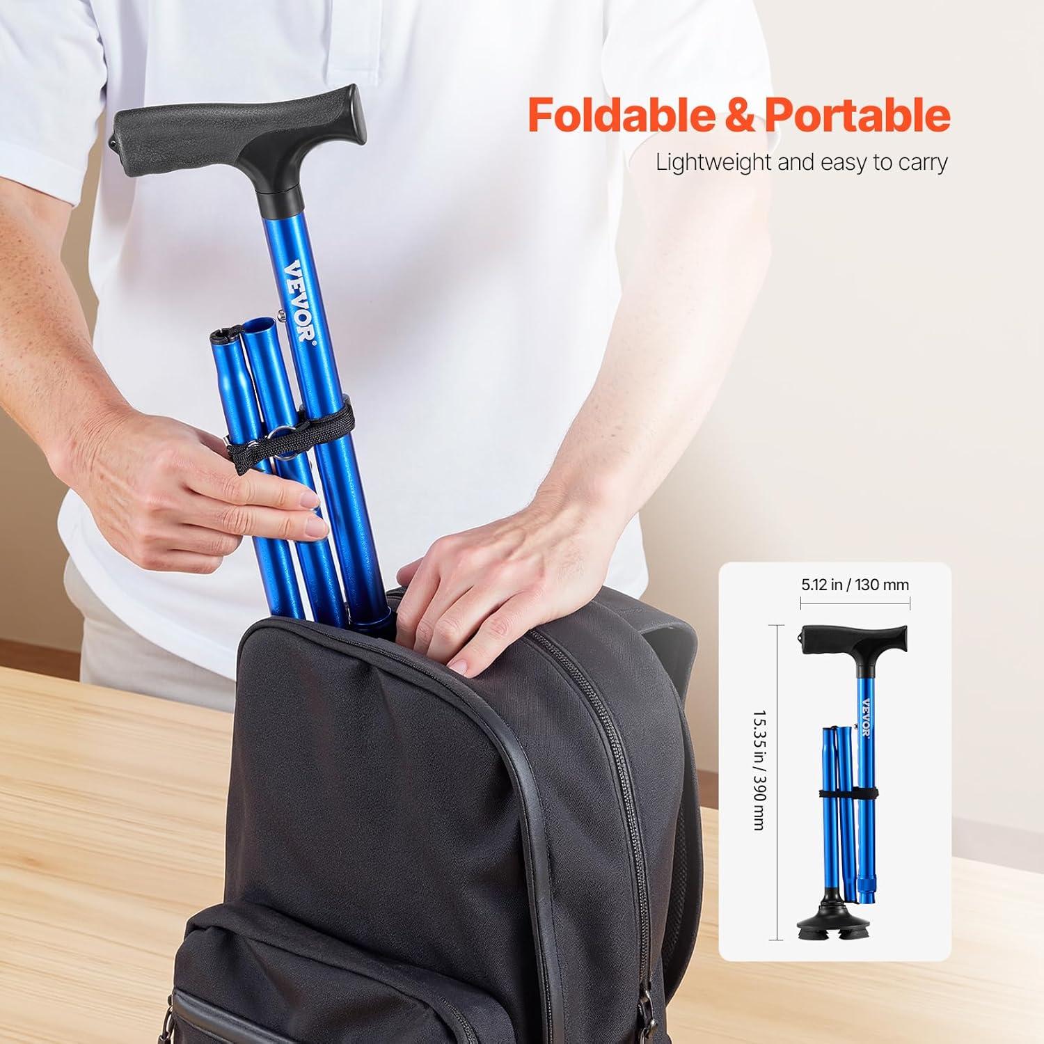 VEVOR Walking Cane for Man Woman, Folding Walking Stick with 8-Level Adjustable Height, 4-Pronged Pivoting Base, Lightweight & Portable Aluminum Mobility Aid for Seniors Adults, 250LBS Loading(Black)