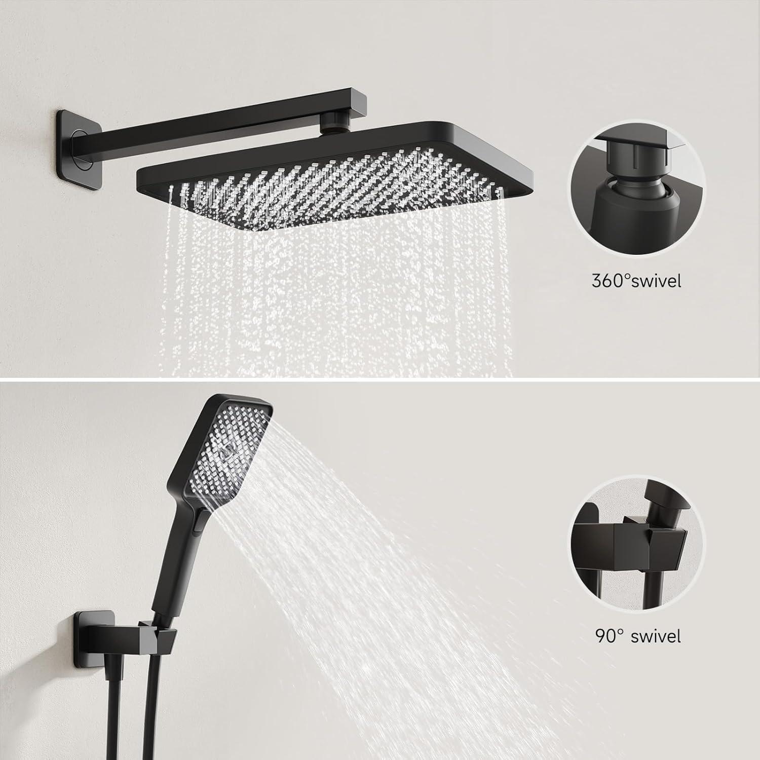 Shower Faucet Set 12" Matte Black Shower Head And Handle Set Rainfall Shower System with Square Rain Shower Head and High Pressure Handheld Spray