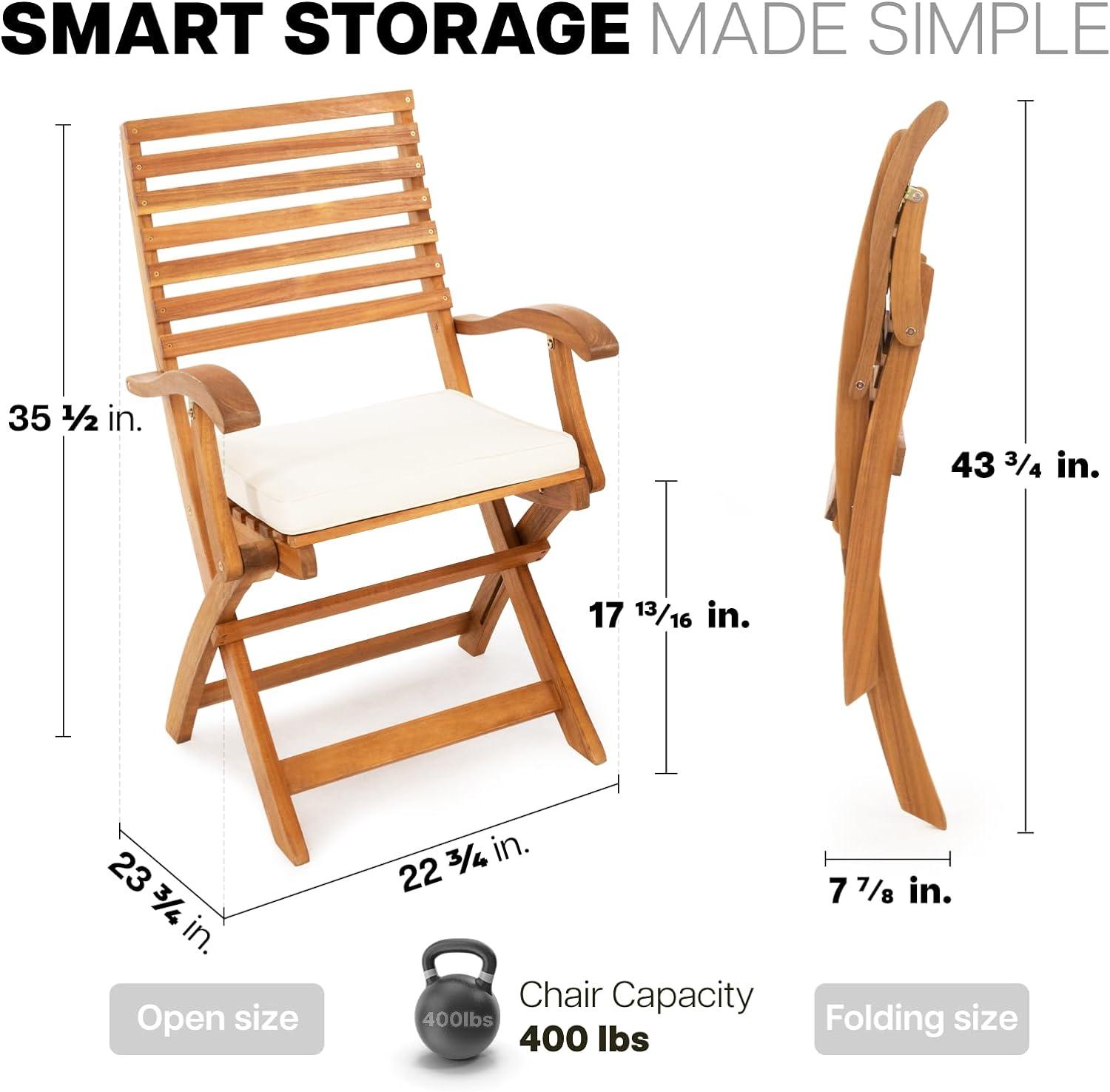 Teak Acacia Wood Folding Patio Chairs with Cushions, Set of 2