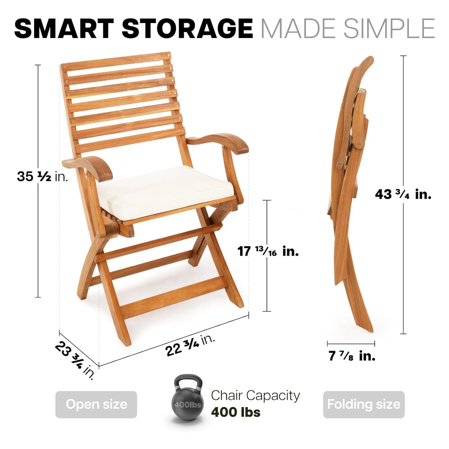 ZILNOX Patio Chairs Set of 2, Wood Folding Armchairs with Cushions, 400lbs Capacity, Foldable and Space-Saving Design, Brown