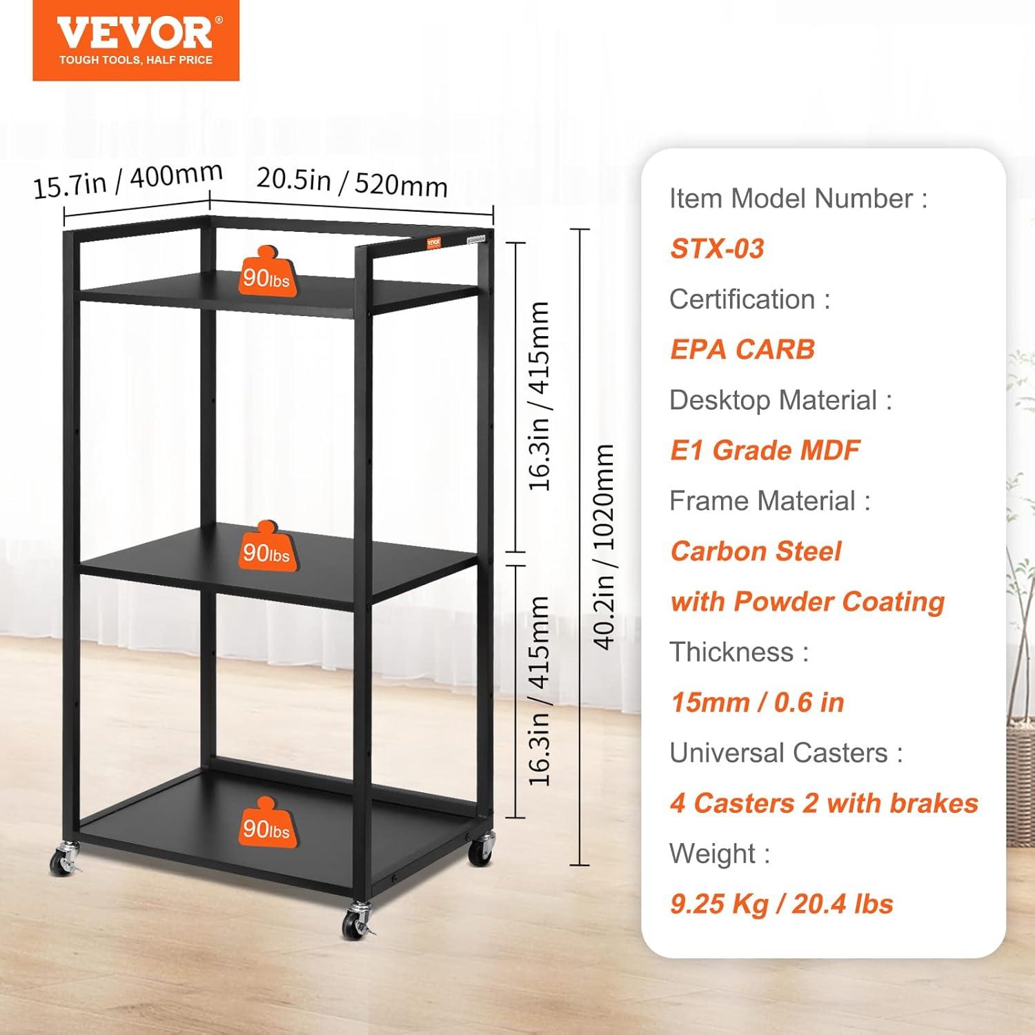 Black Adjustable 3-Tier Printer Stand with Storage Shelves