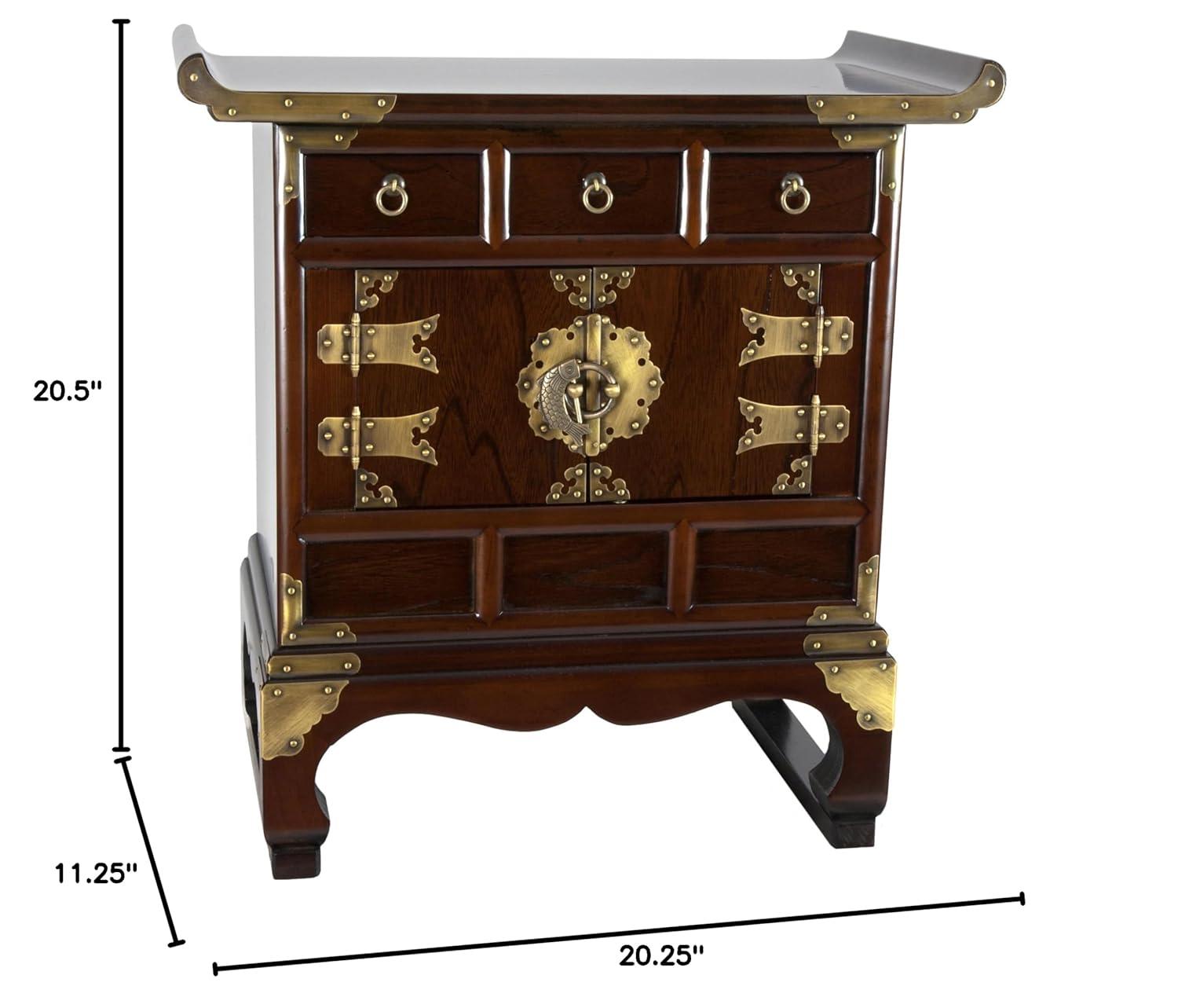 Red Lantern Korean Antique Style 3 Drawer End Table Cabinet, Cognac