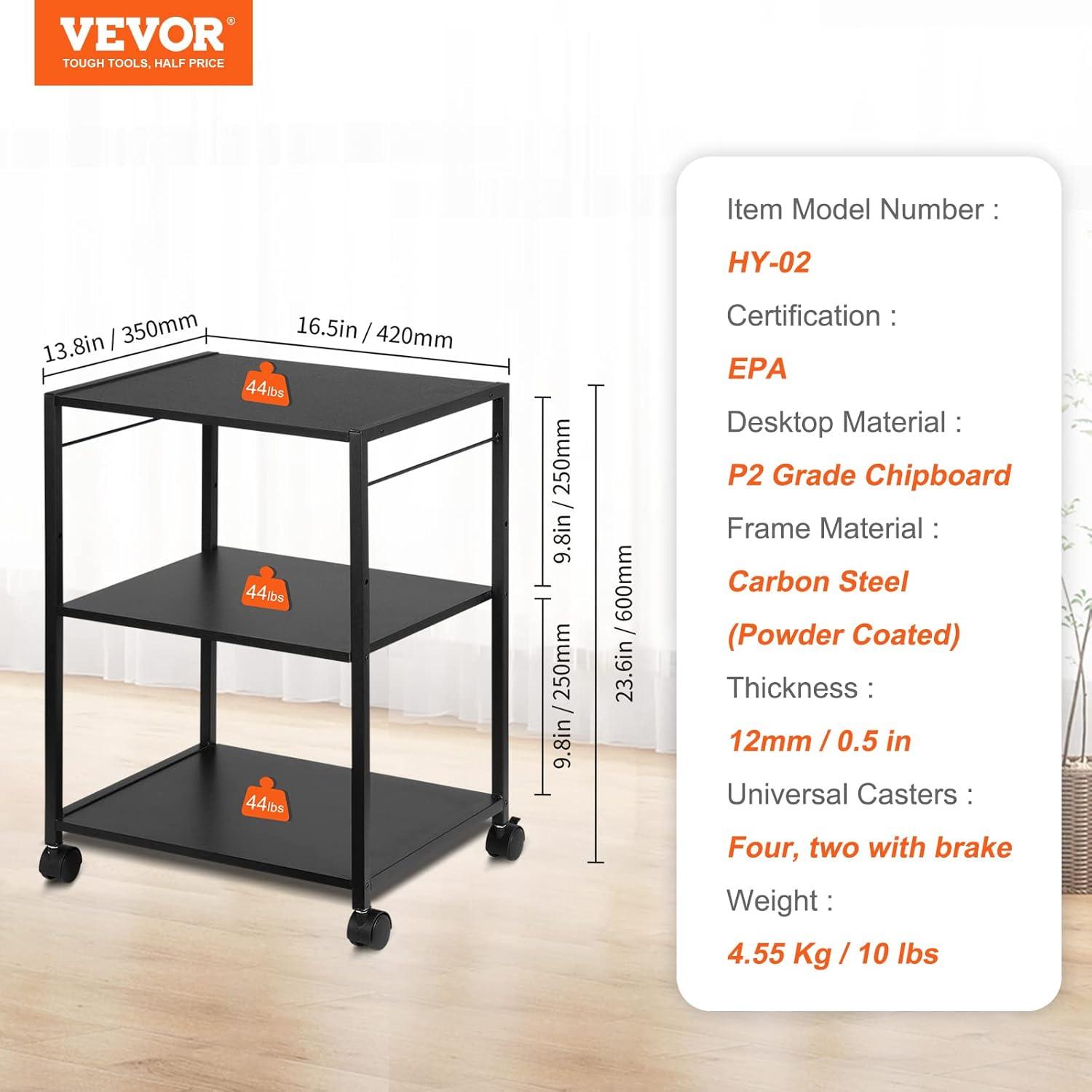 Black Adjustable 3-Tier Printer Stand with Storage Shelves