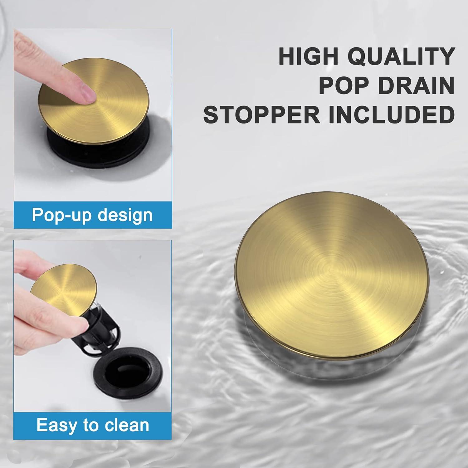 Brushed Gold Bathroom Faucet Gold Bathroom Sink Faucet Single Handle Gold Bathroom Faucet Modern Single Hole Faucet Bathroom with Pop-up Sink Drain Stopper & Deck Plate 1 or 3 Hole Bathroom Faucet