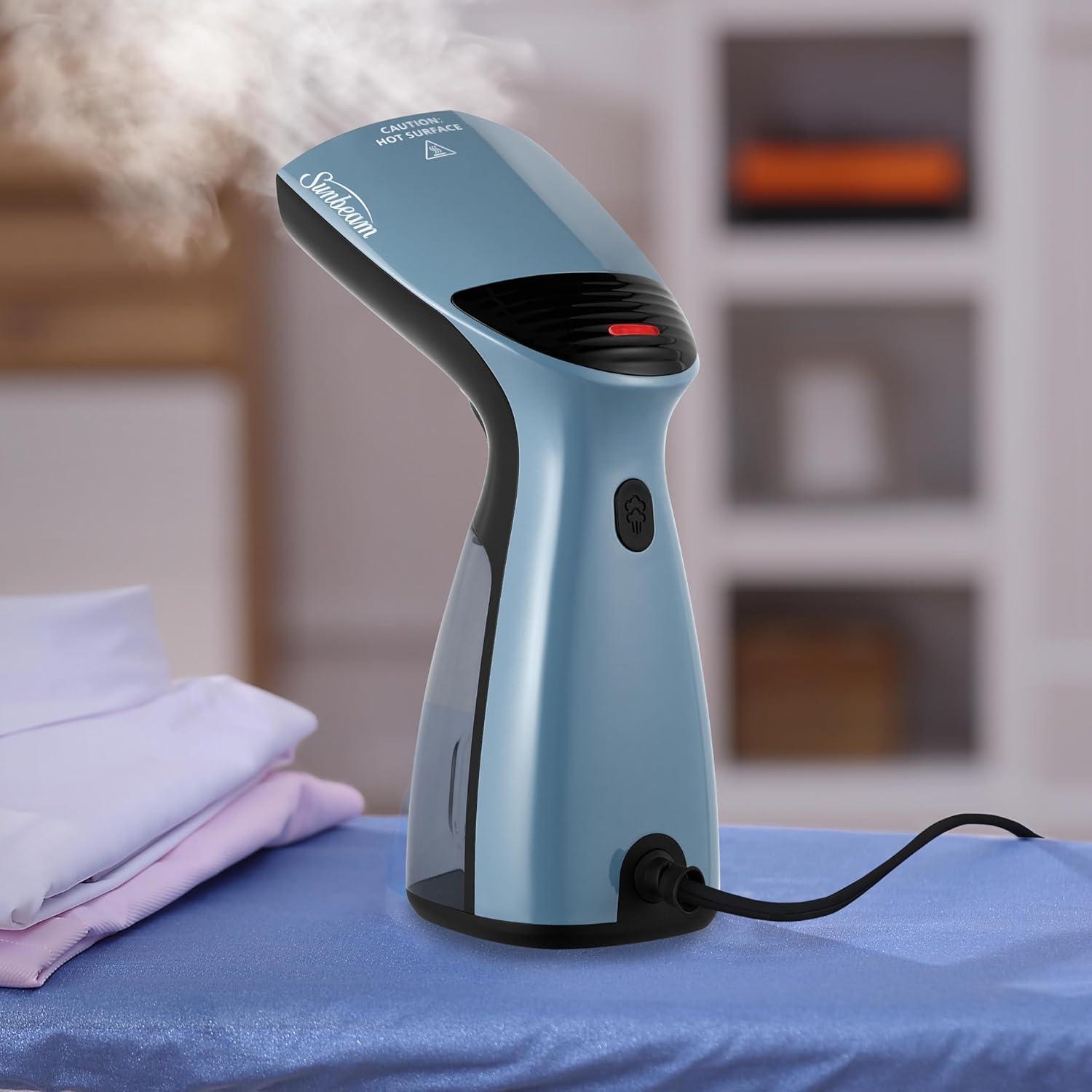 Sunbeam 1000W Compact Handheld Steamer for Clothes, Portable, Travel Steamer, Non-Stick Head, 30s Heat Up, 8 Minutes Continuous Steam, 110ml Water Tank, Bristle Brush, Storage Bag, Blue/Black