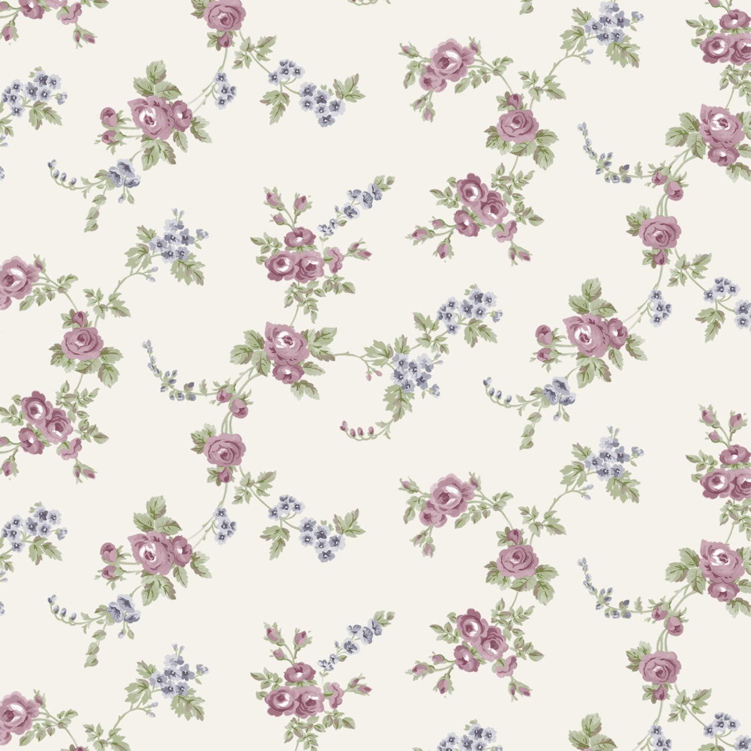 Pre-Pasted Floral Rose and Blue Vine Wallpaper